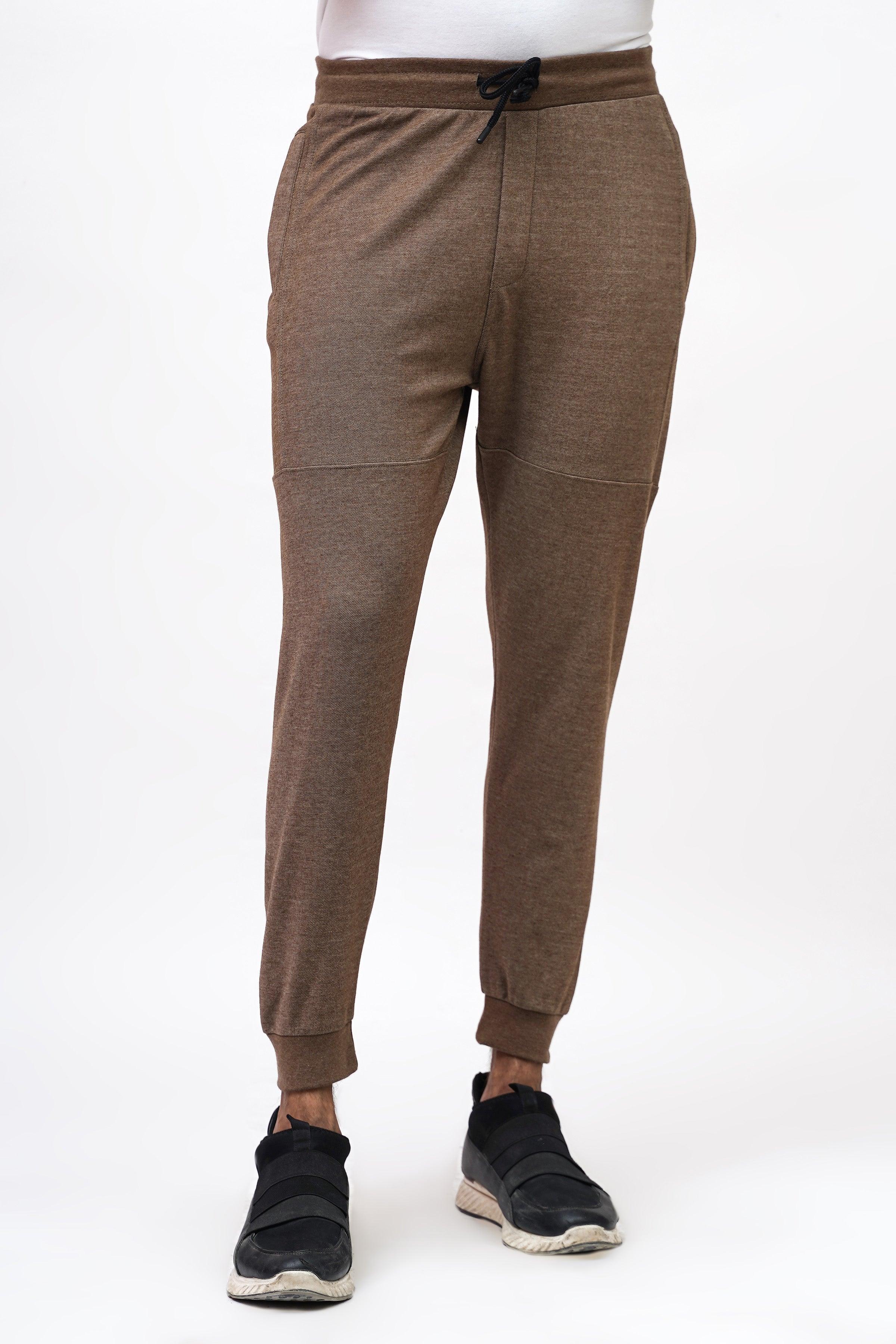 PIQUE INTERLOCK SLIMFIT BROWN MELANGE TROUSER at Charcoal Clothing