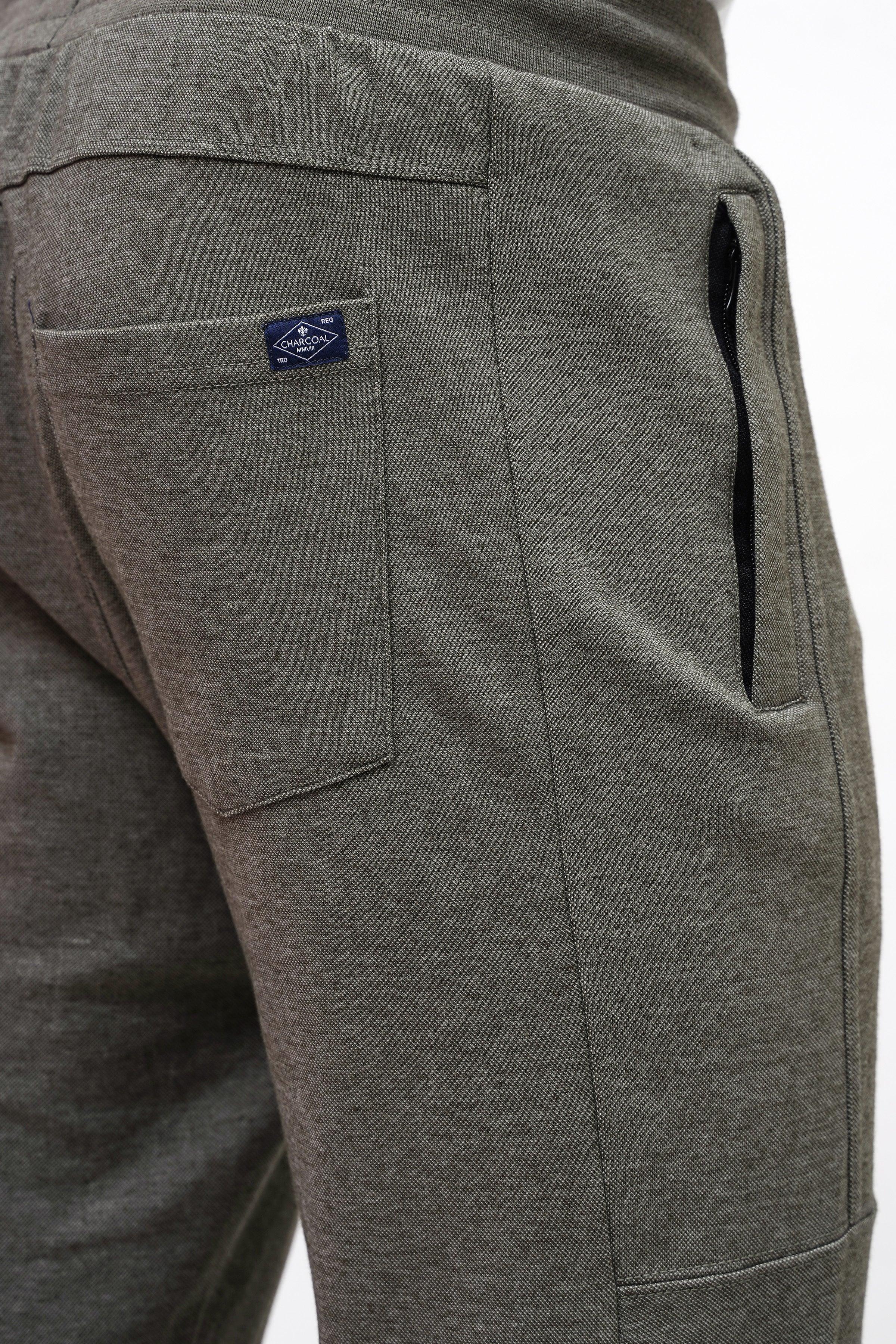 PIQUE INTERLOCK SLIMFIT OLIVE MELANGE TROUSER at Charcoal Clothing