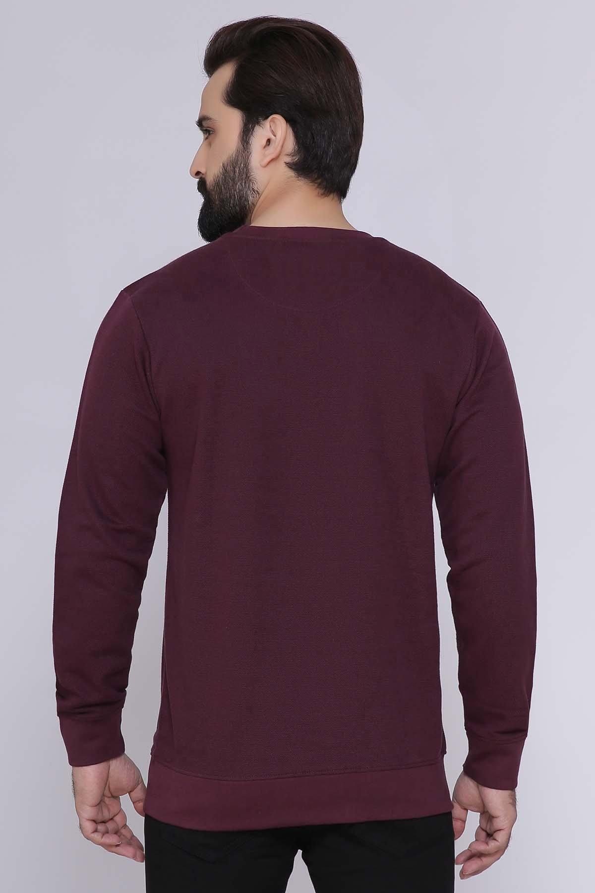 Maroon terry sweatshirt back view with crew neck and long sleeves