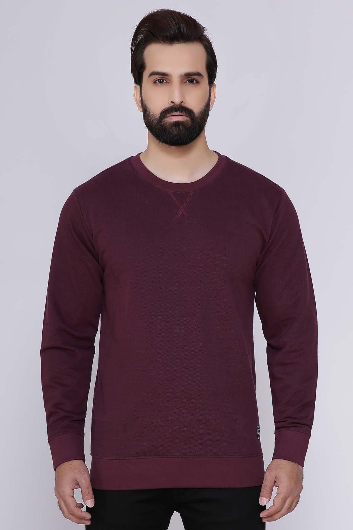 Maroon terry sweatshirt with crew neck and long sleeves