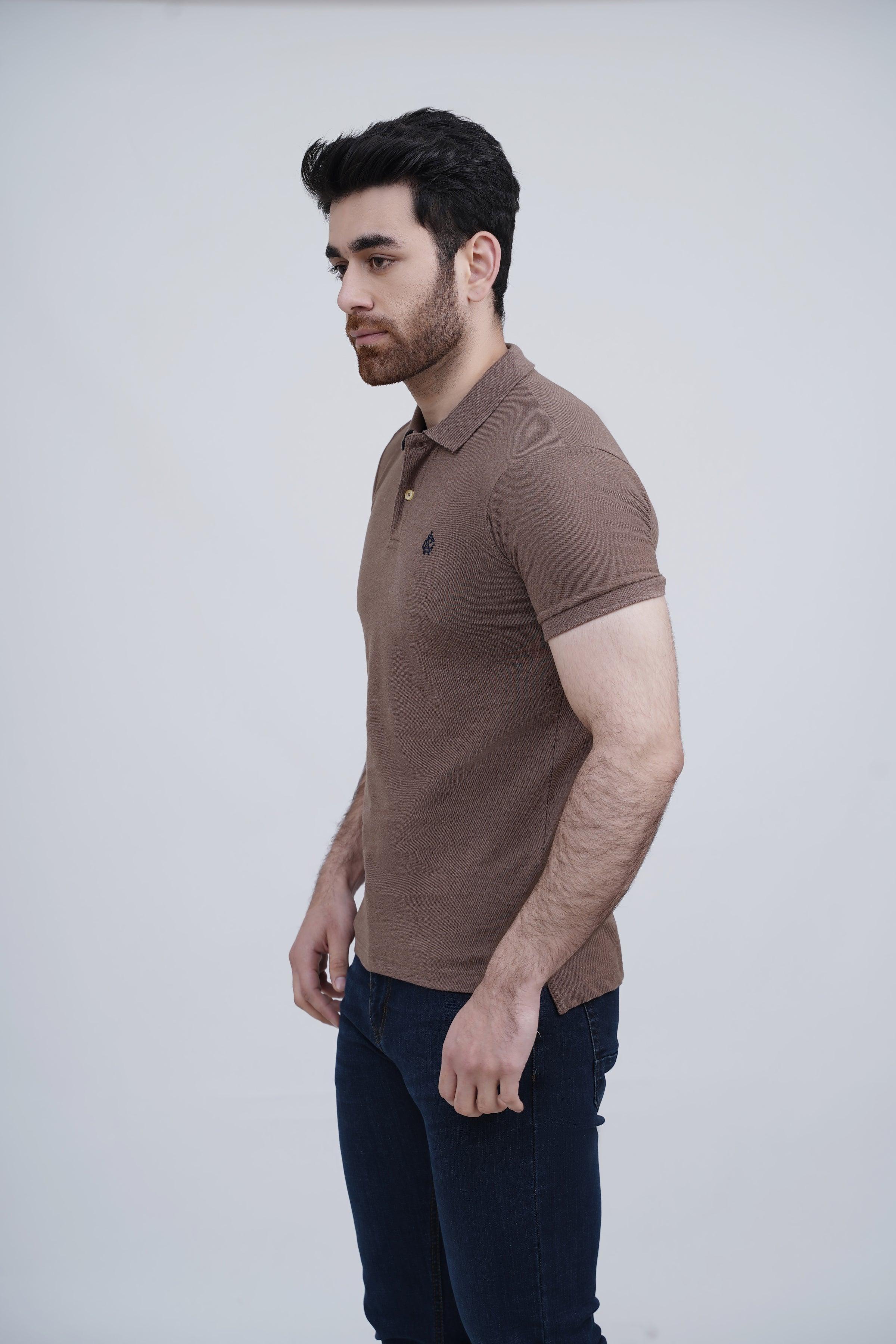 Men's dark khaki polo shirt, short sleeves, side profile, button placket, chest logo