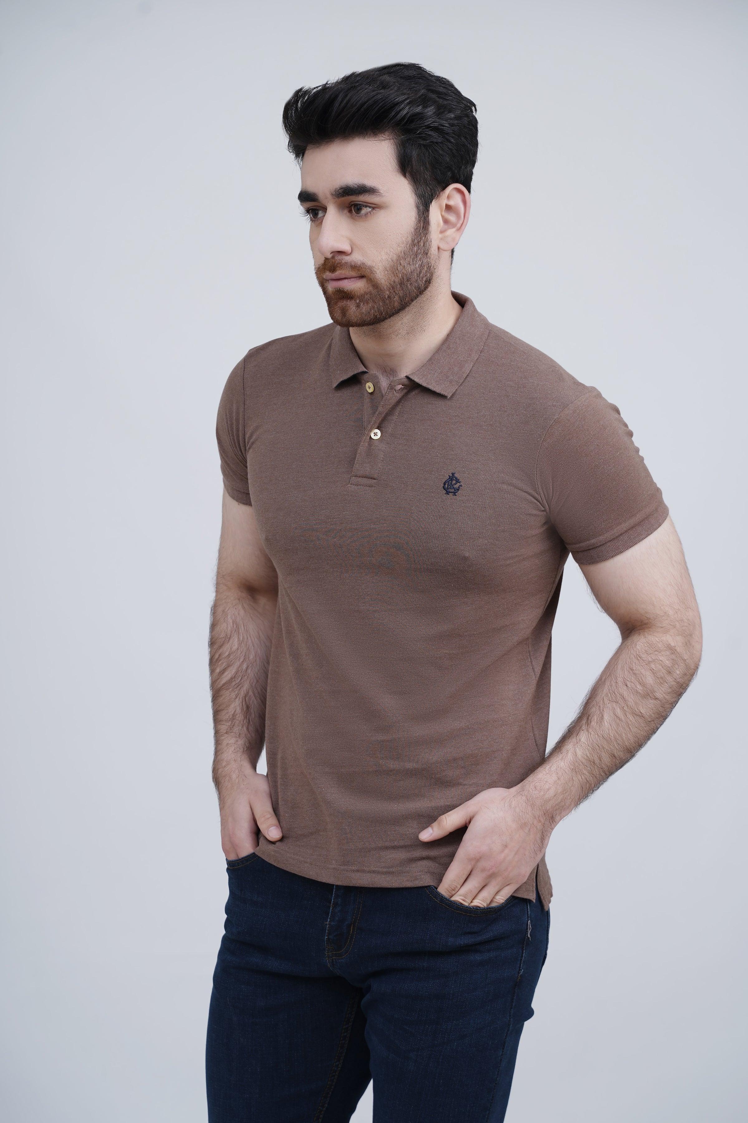 Men's dark khaki polo shirt, short sleeves, button placket, small chest logo