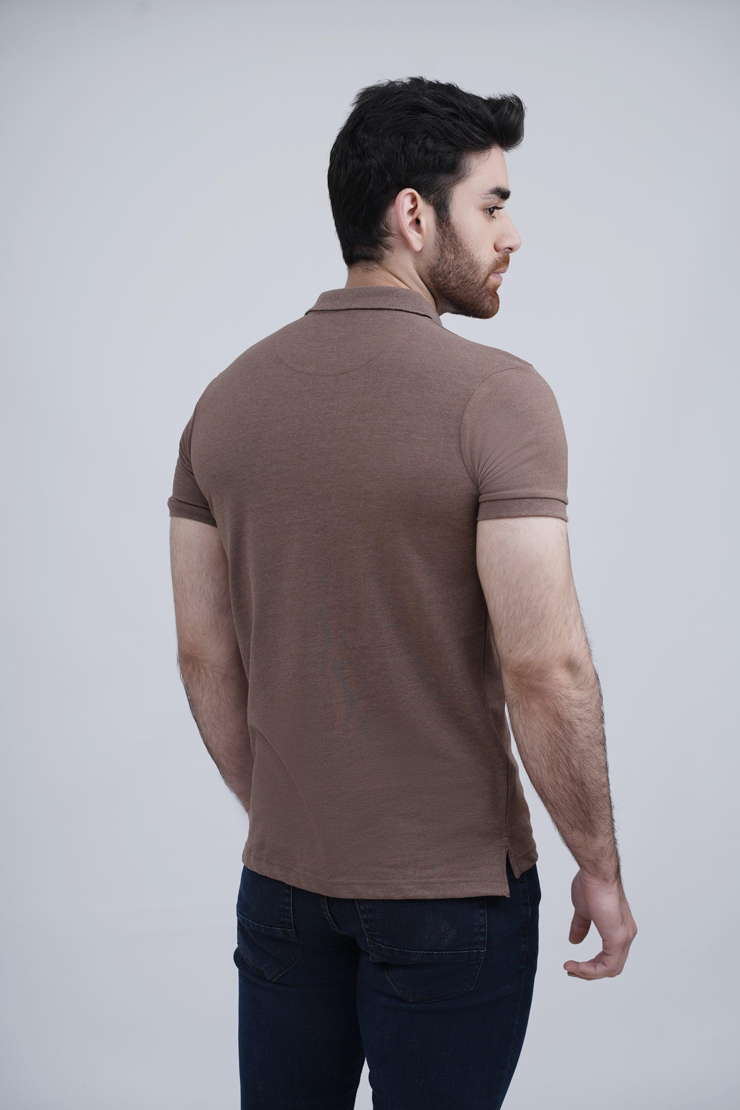 Men's dark khaki polo shirt, short sleeves, plain back view