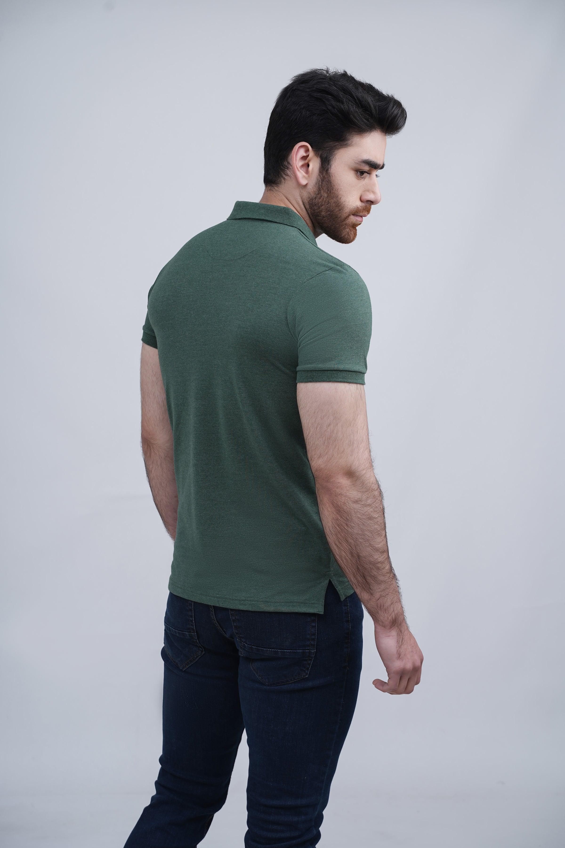 Green polo shirt rear side view with ribbed collar and short sleeves