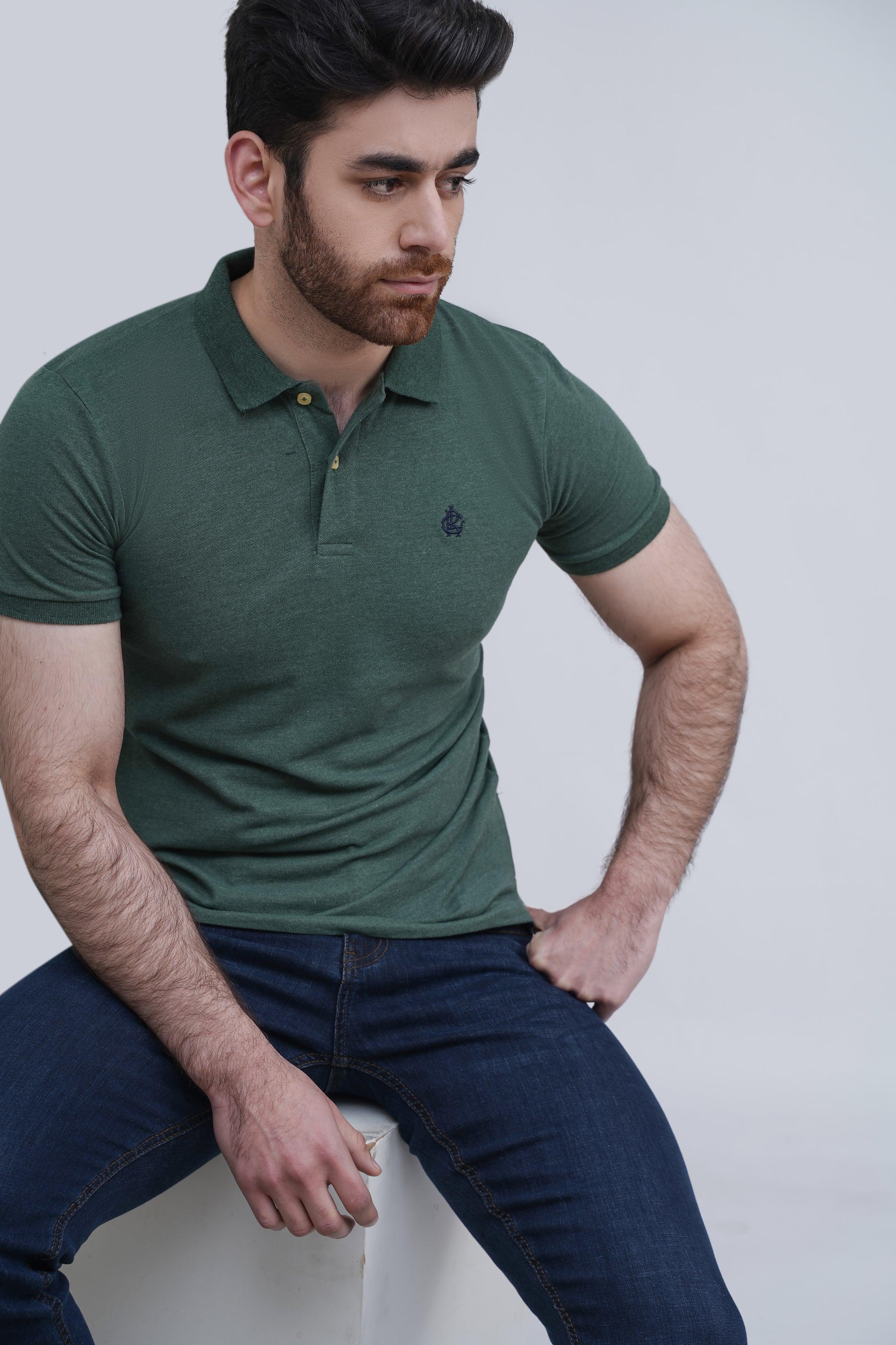 Green short-sleeve polo shirt with ribbed collar and button placket, small chest logo