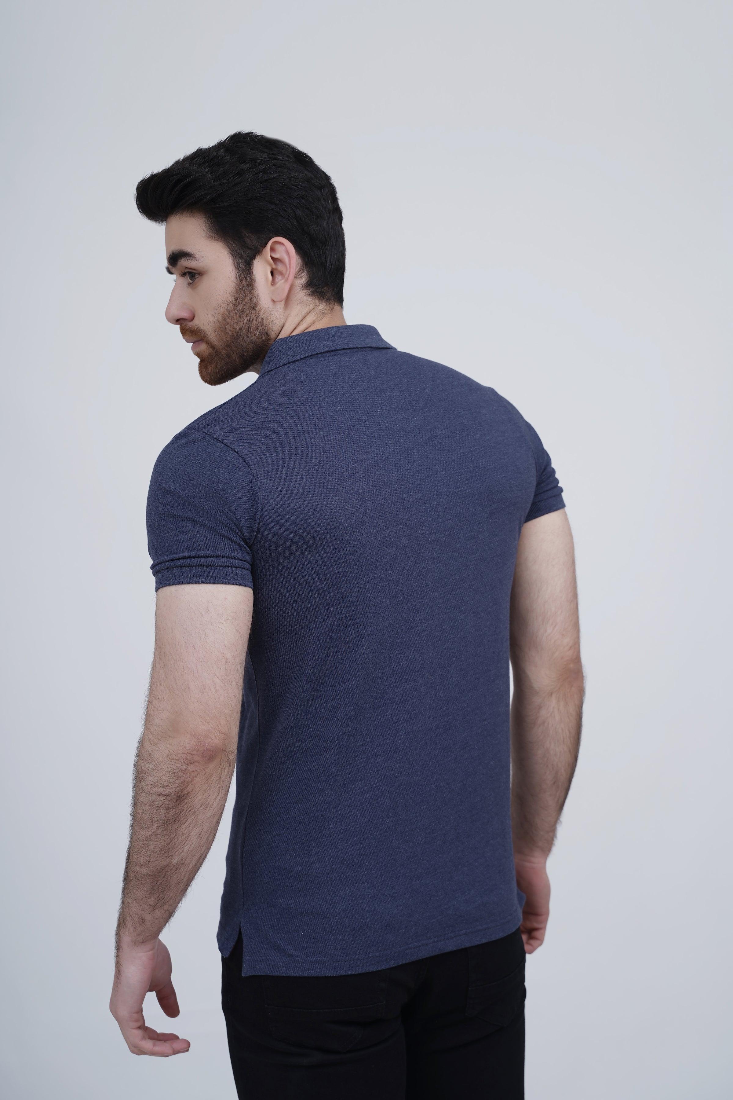 Navy polo shirt back view with collar, short sleeves and straight hem