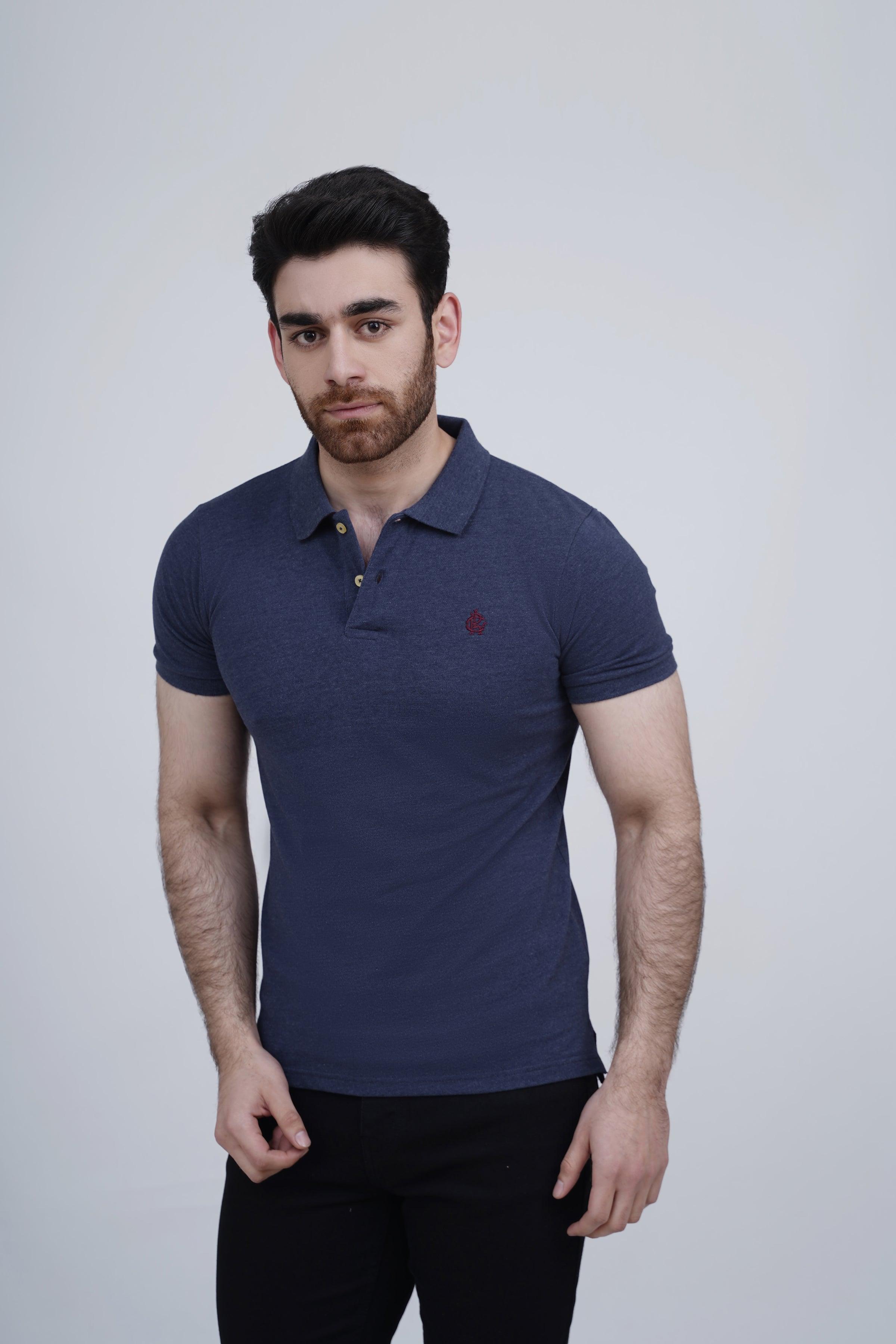 Navy plain polo shirt with short sleeves, button placket and small chest logo