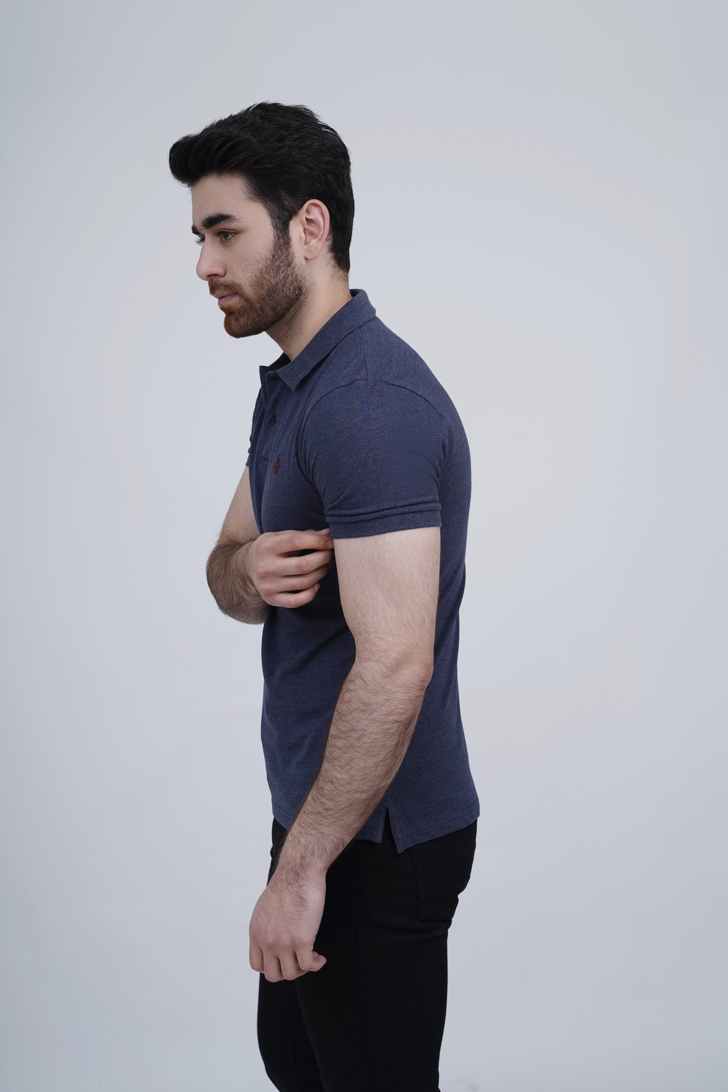 Navy polo shirt side profile with collar, short sleeves and button placket