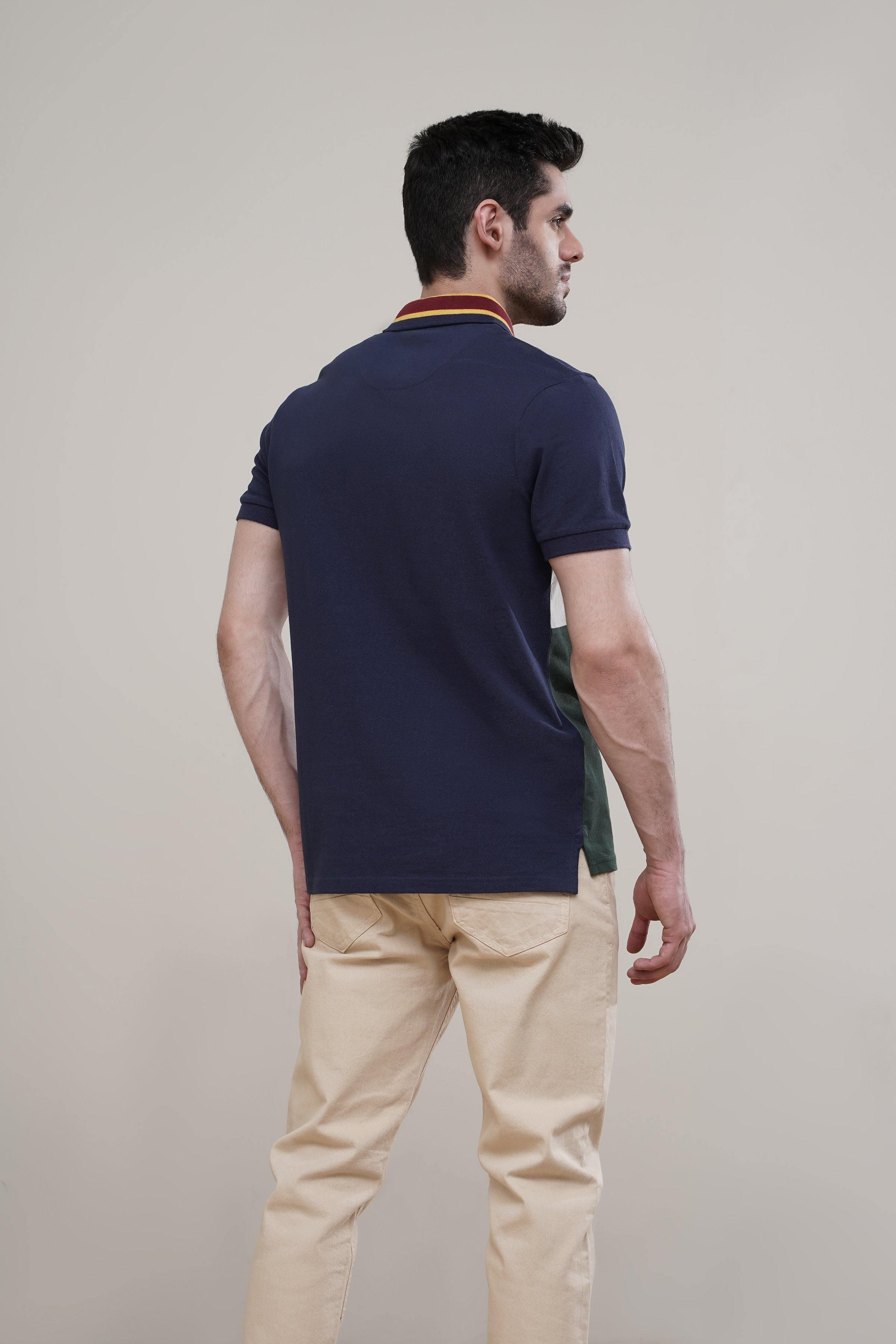 Navy polo shirt with short sleeves, plain back view