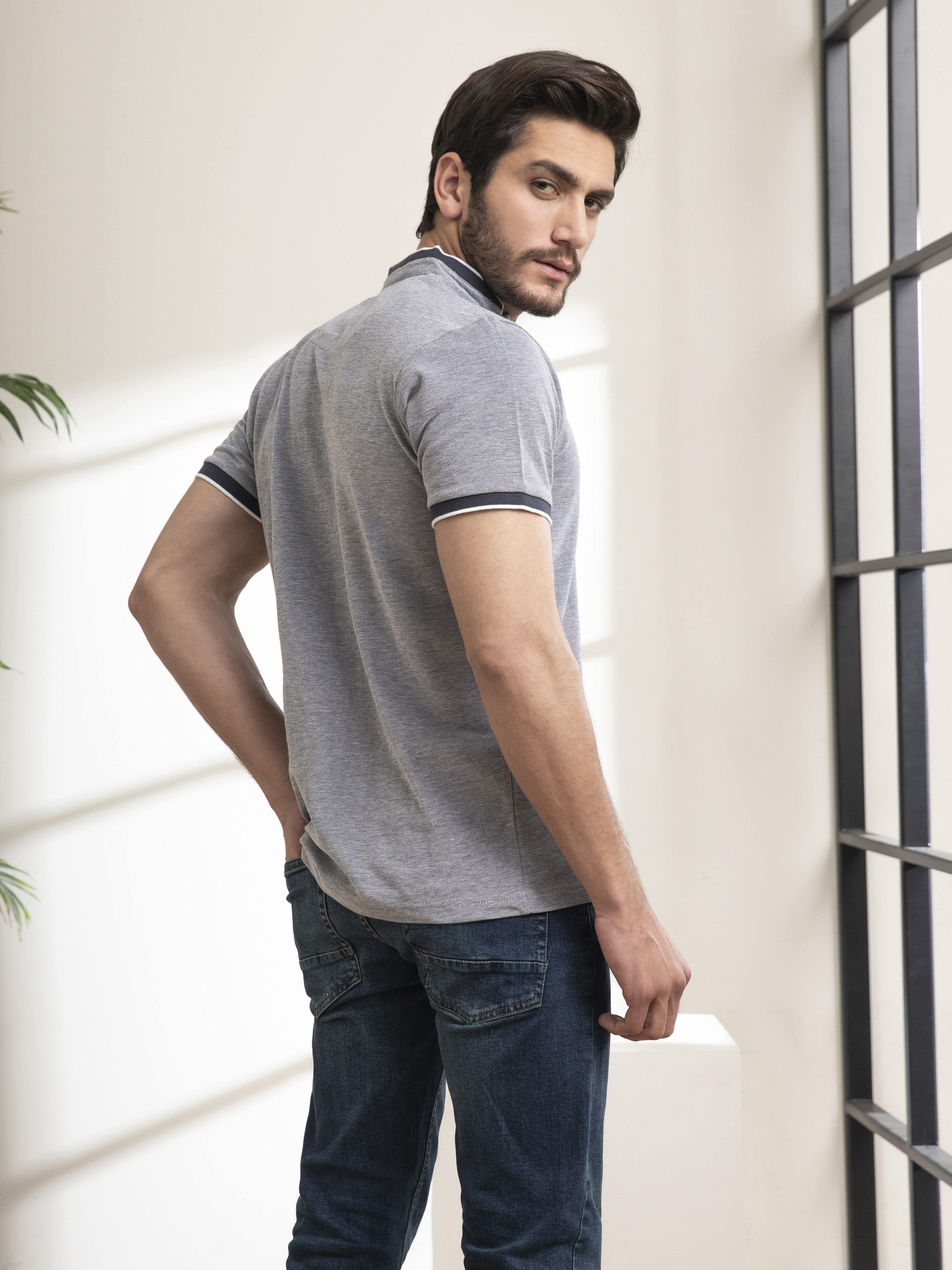 POLO SHIRT BAN COLLAR BIRD EYE WITH EMBROIDERY NAVY at Charcoal Clothing