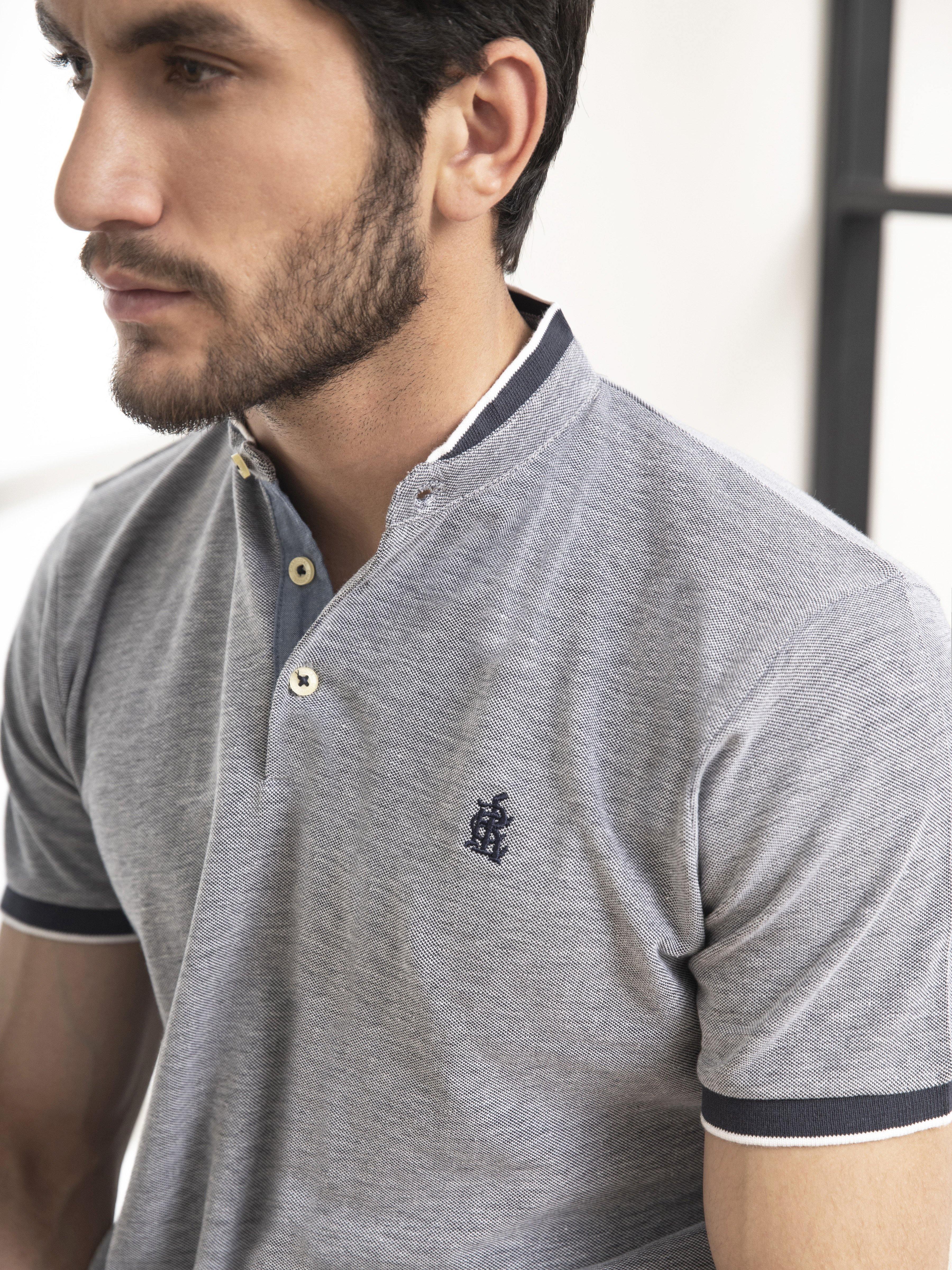 POLO SHIRT BAN COLLAR BIRD EYE WITH EMBROIDERY NAVY at Charcoal Clothing
