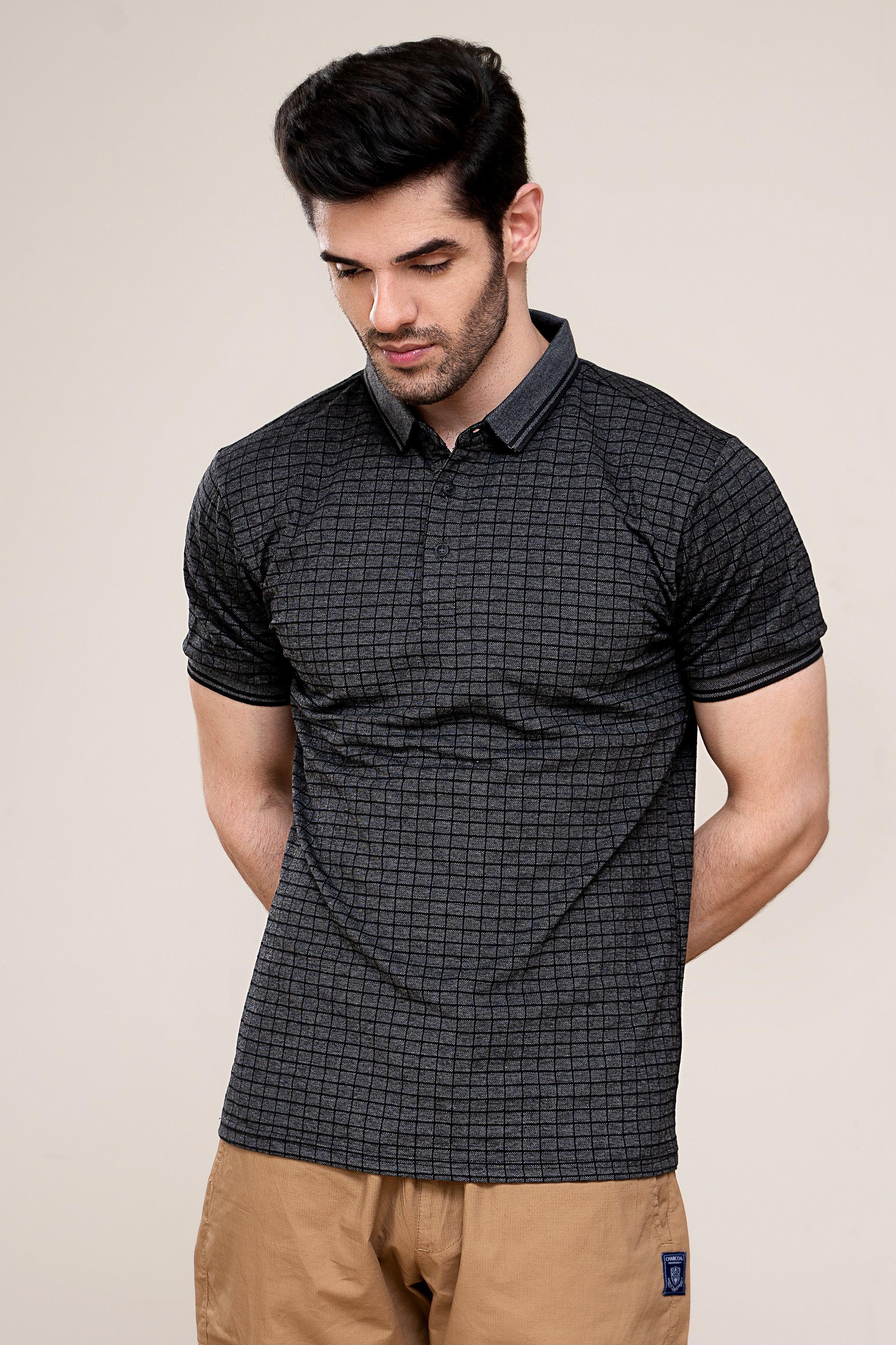 Black charcoal polo shirt with grid pattern, short sleeves, buttoned collar
