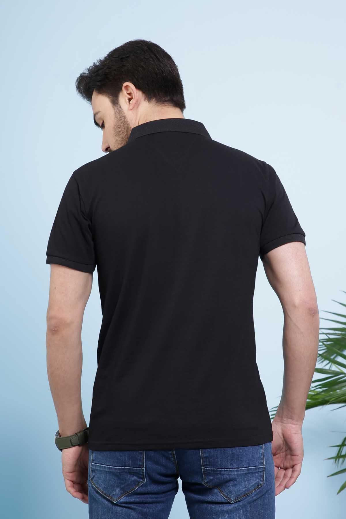 Black polo shirt back view with short sleeves and collar
