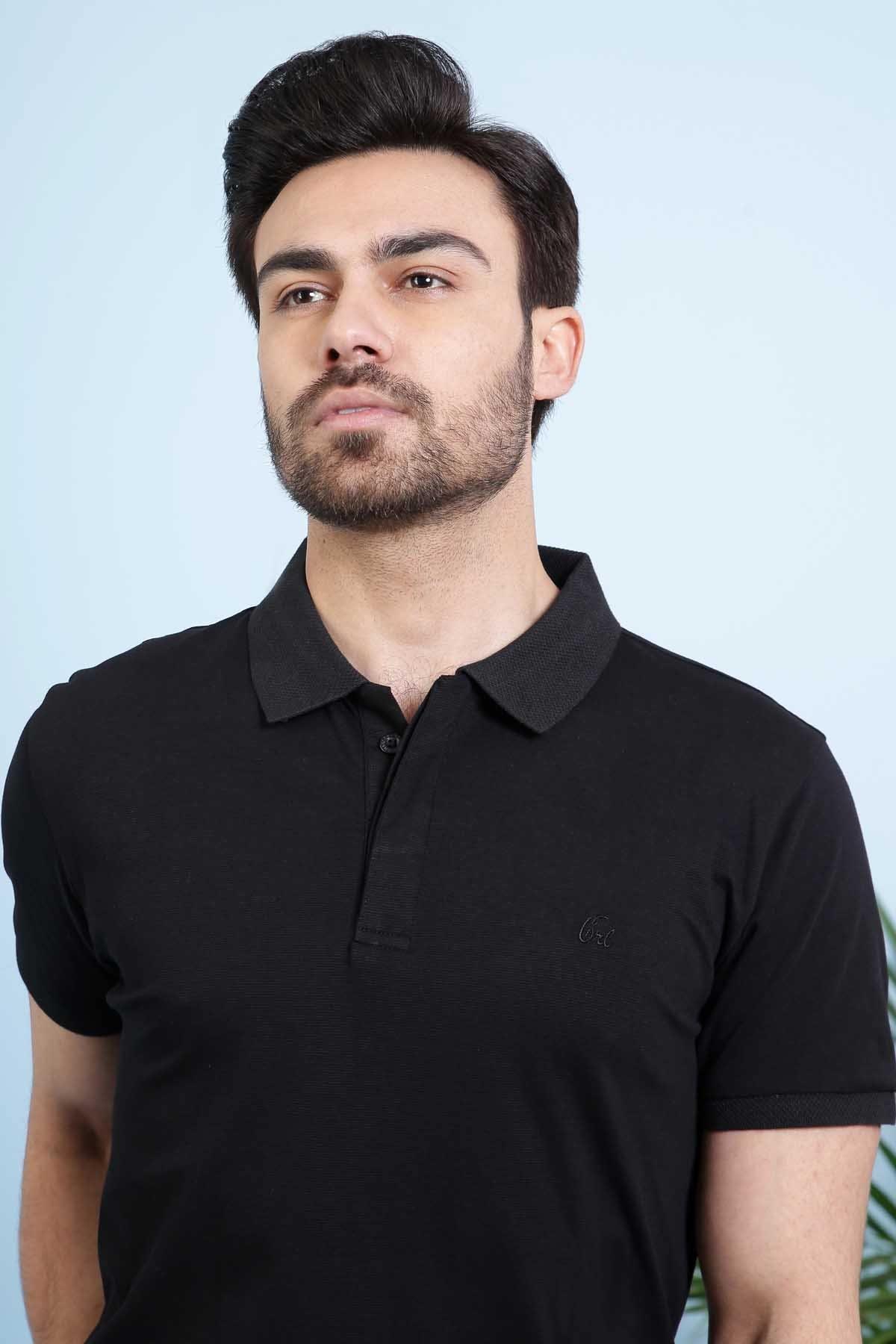 Black polo shirt front view with three-button placket and folded collar