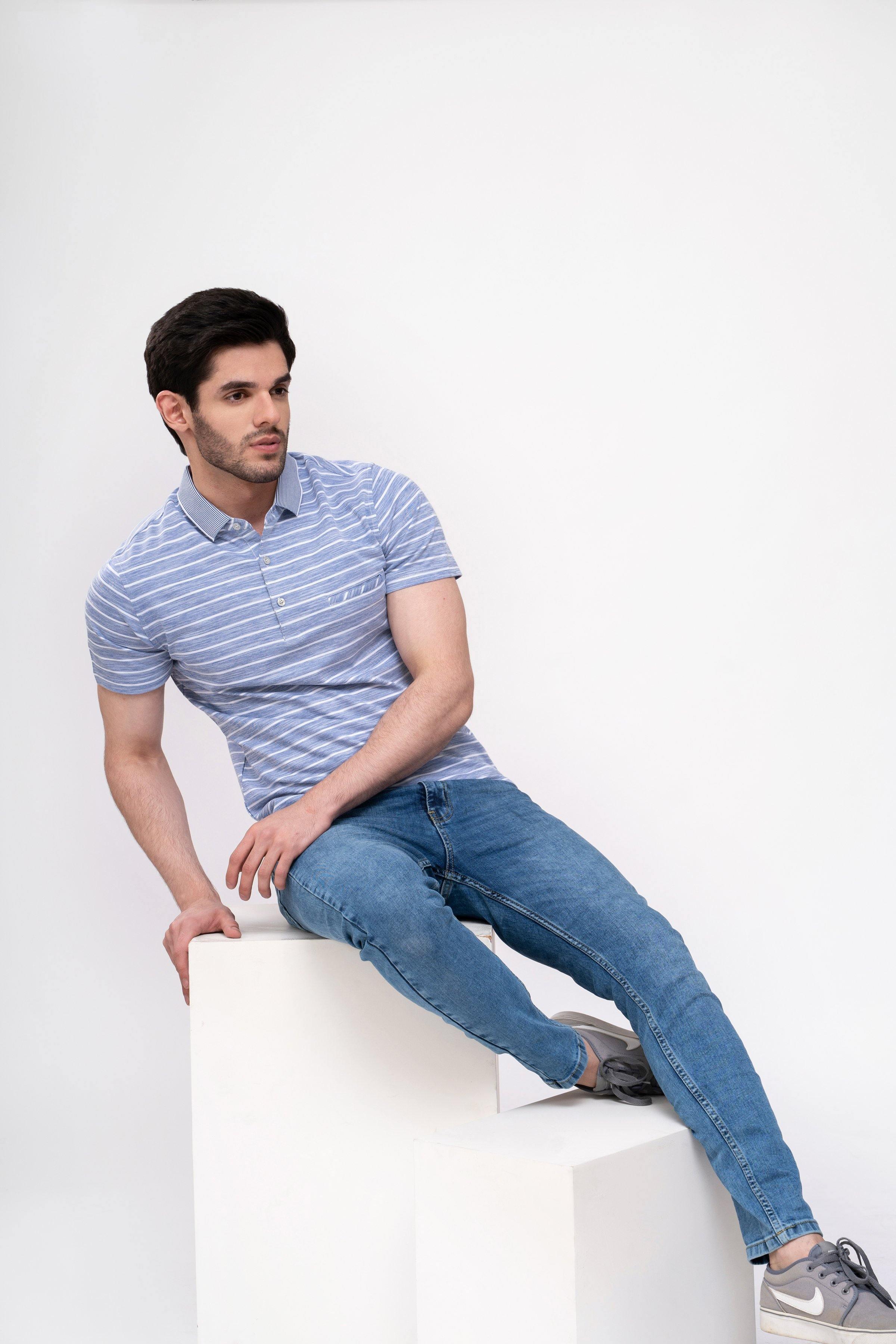 POLO SHIRT BLUE WHITE LINE at Charcoal Clothing