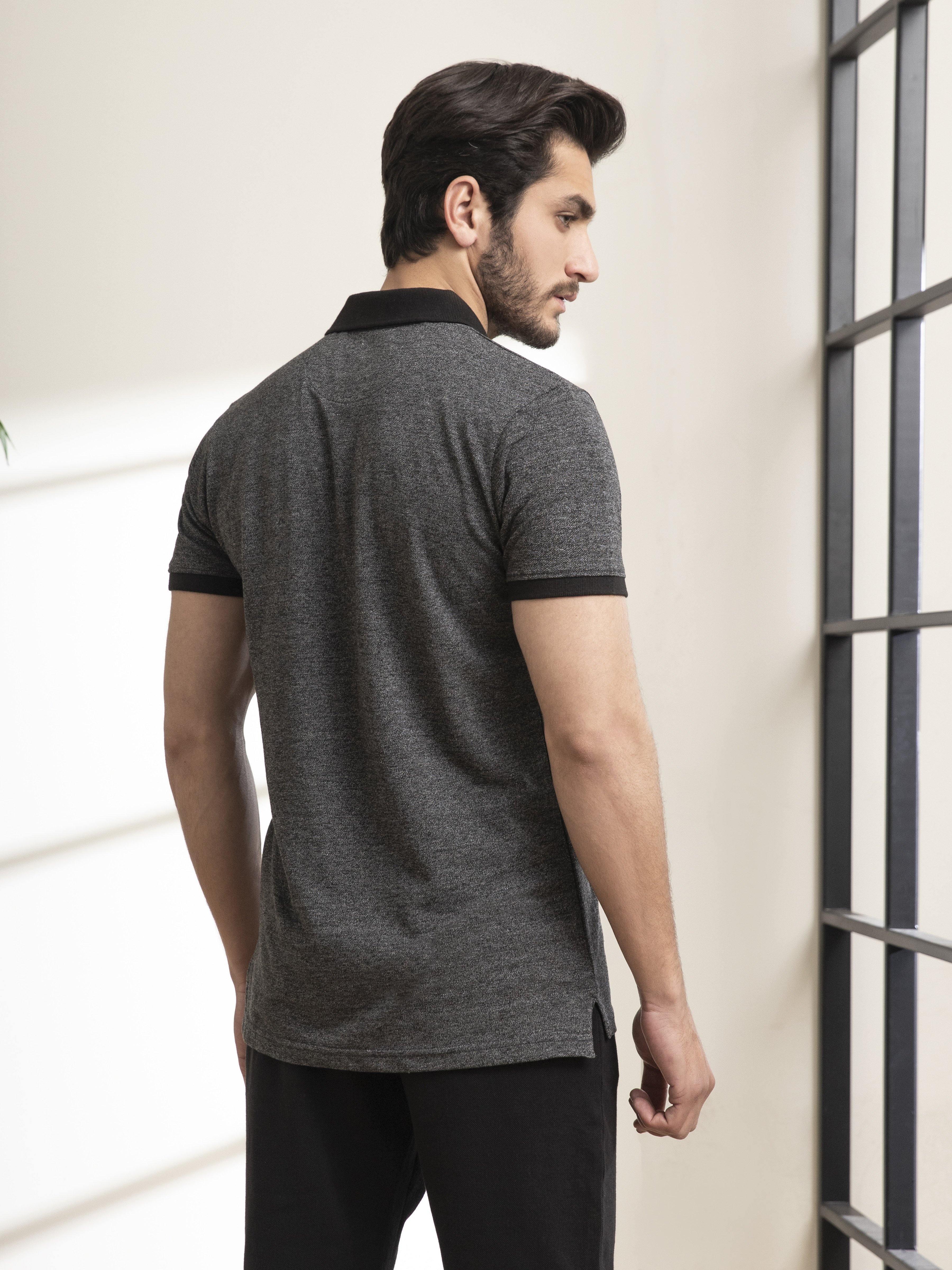 POLO SHIRT CHAIN YARN BONE POCKET BLACK at Charcoal Clothing