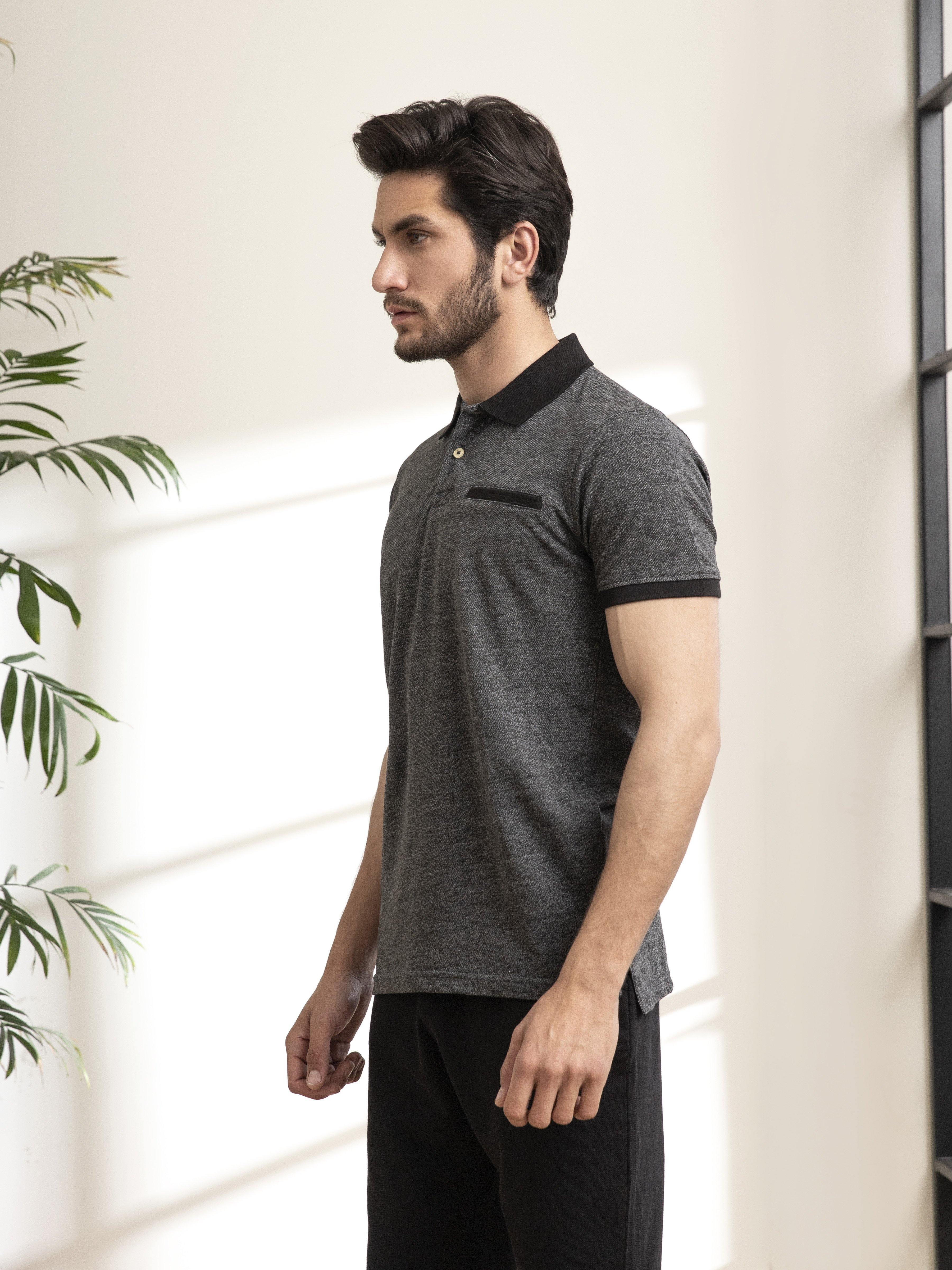 POLO SHIRT CHAIN YARN BONE POCKET BLACK at Charcoal Clothing