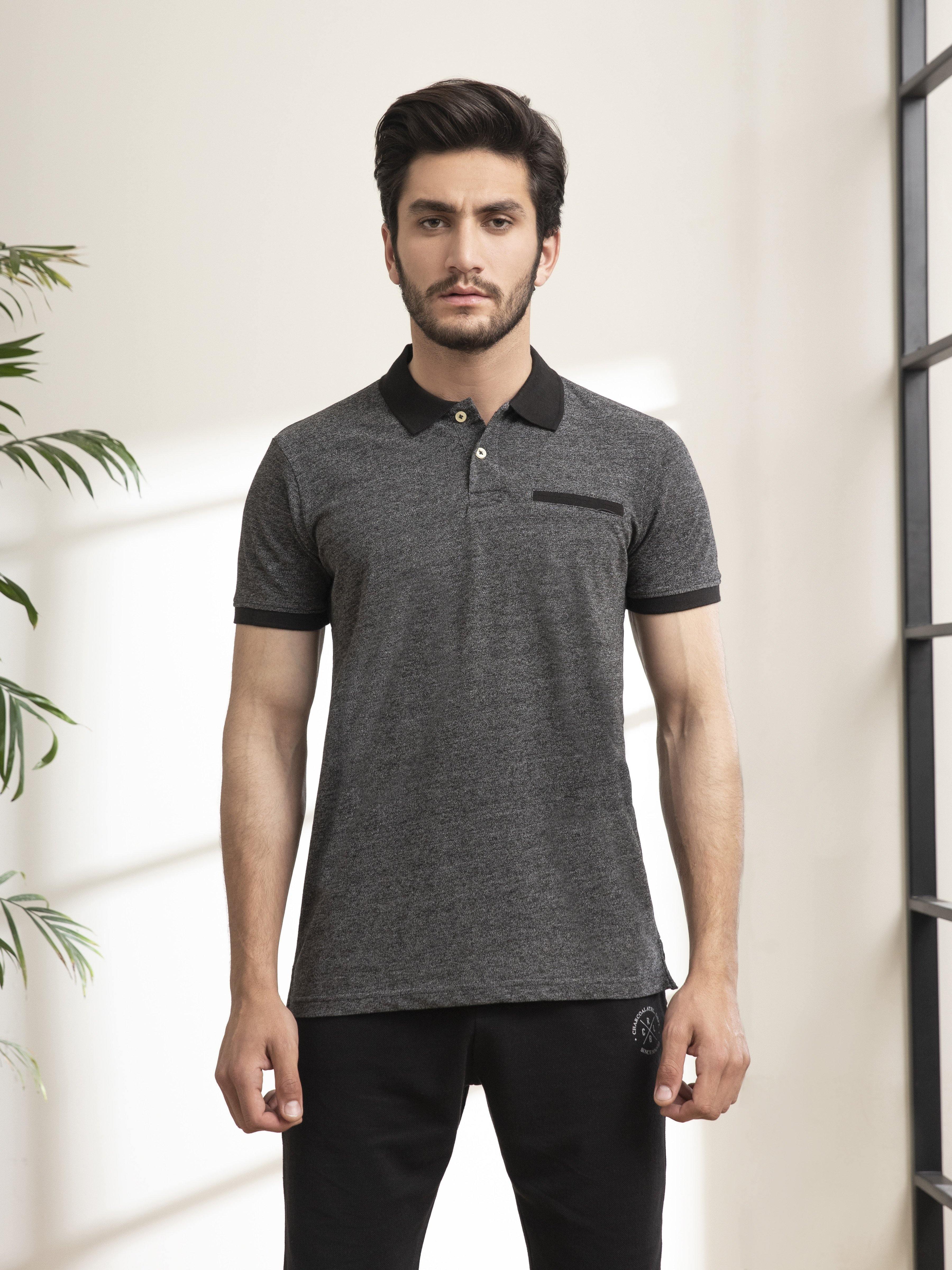 POLO SHIRT CHAIN YARN BONE POCKET BLACK at Charcoal Clothing