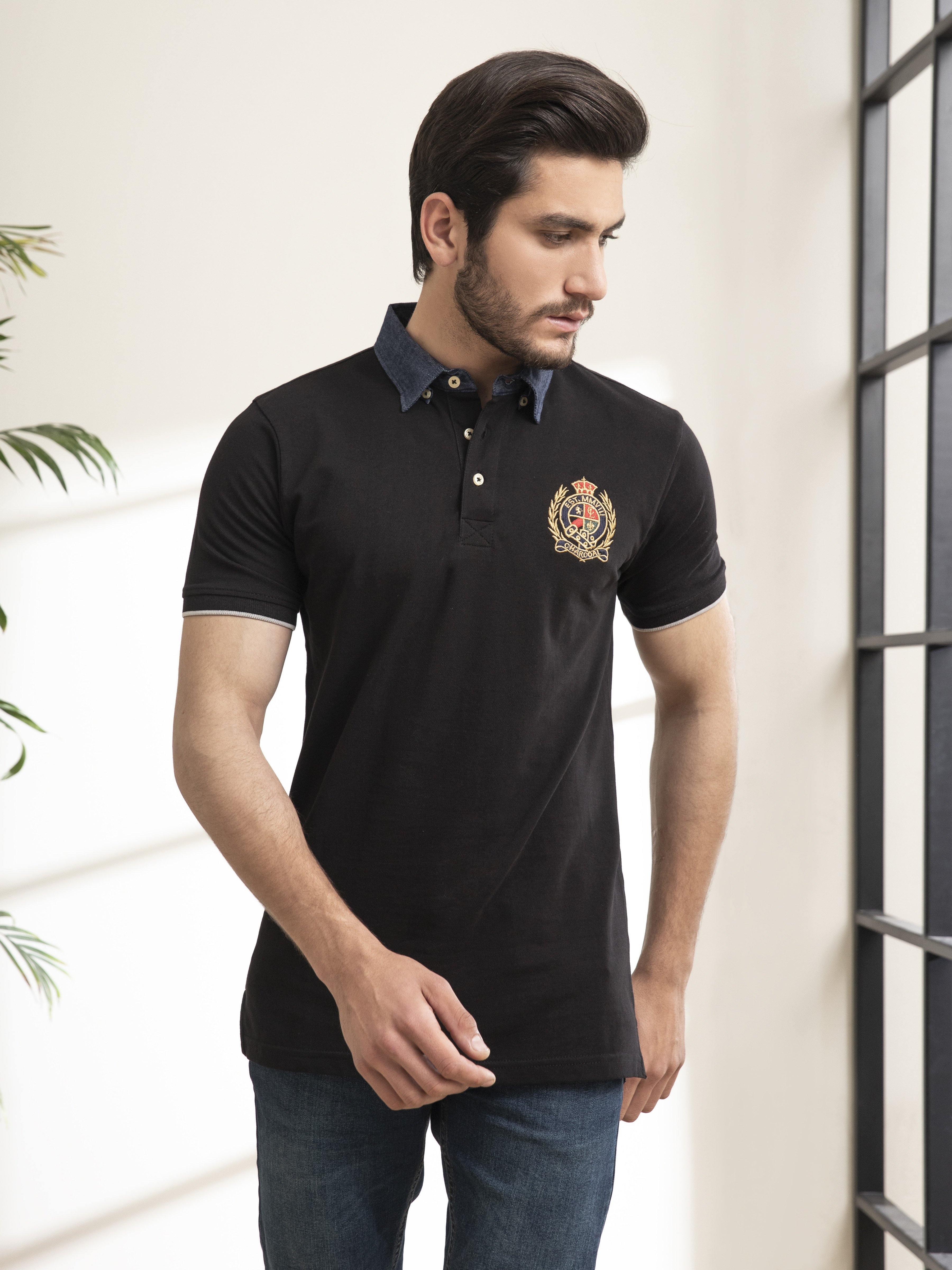 POLO SHIRT CHAMBRAY COLLAR BLACK at Charcoal Clothing