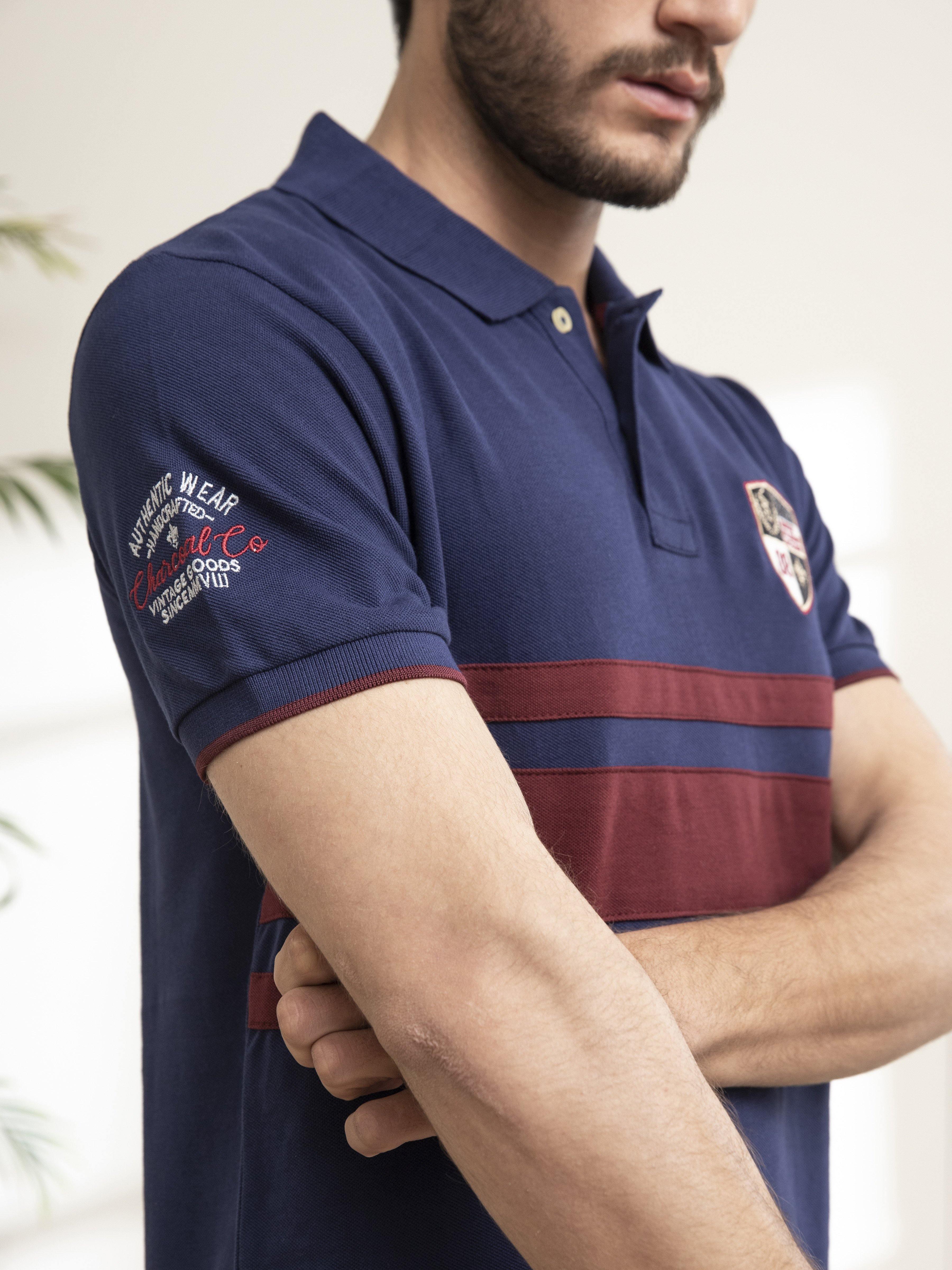POLO SHIRT CHEST PANNEL NAVY at Charcoal Clothing