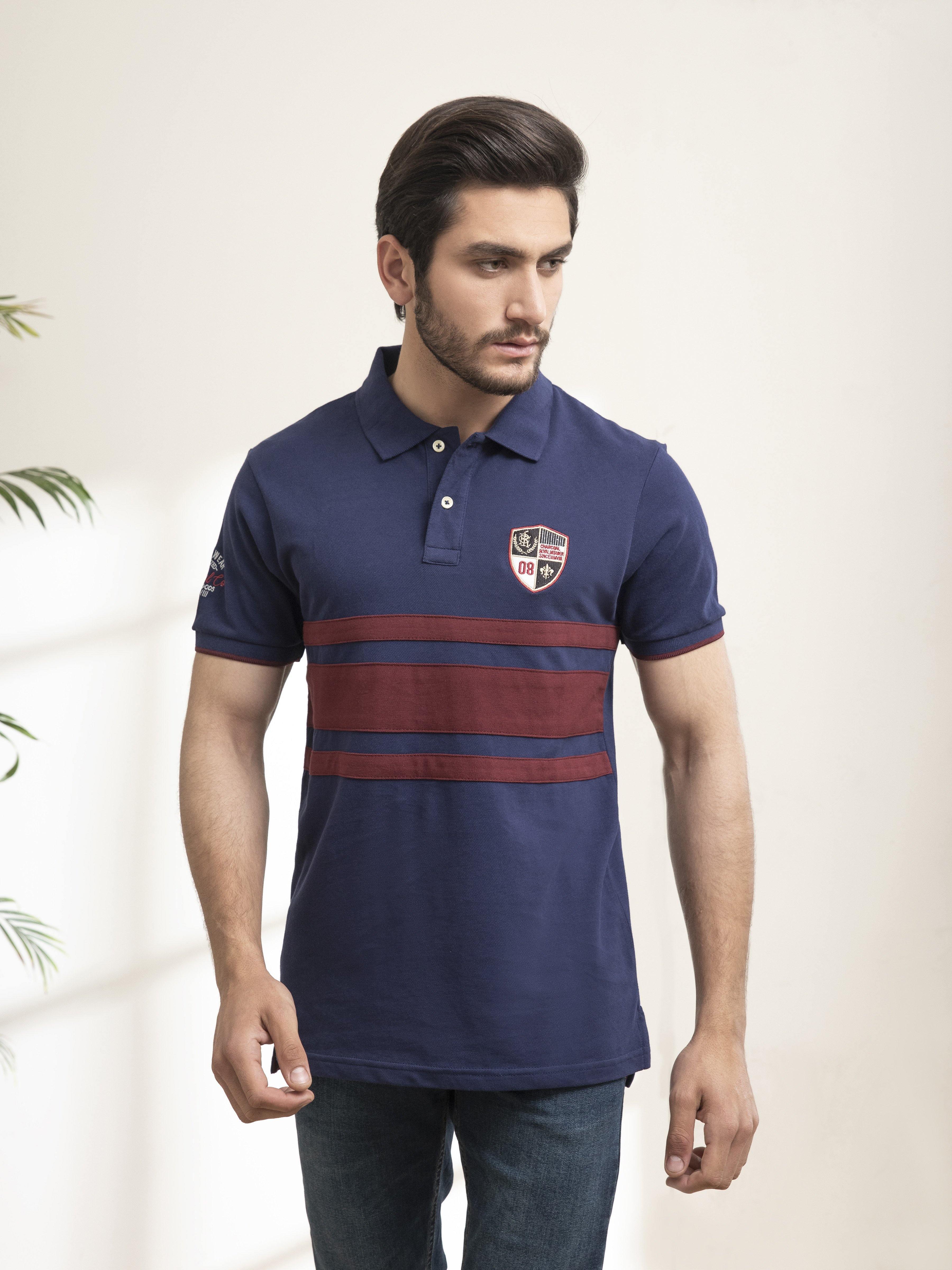 POLO SHIRT CHEST PANNEL NAVY at Charcoal Clothing