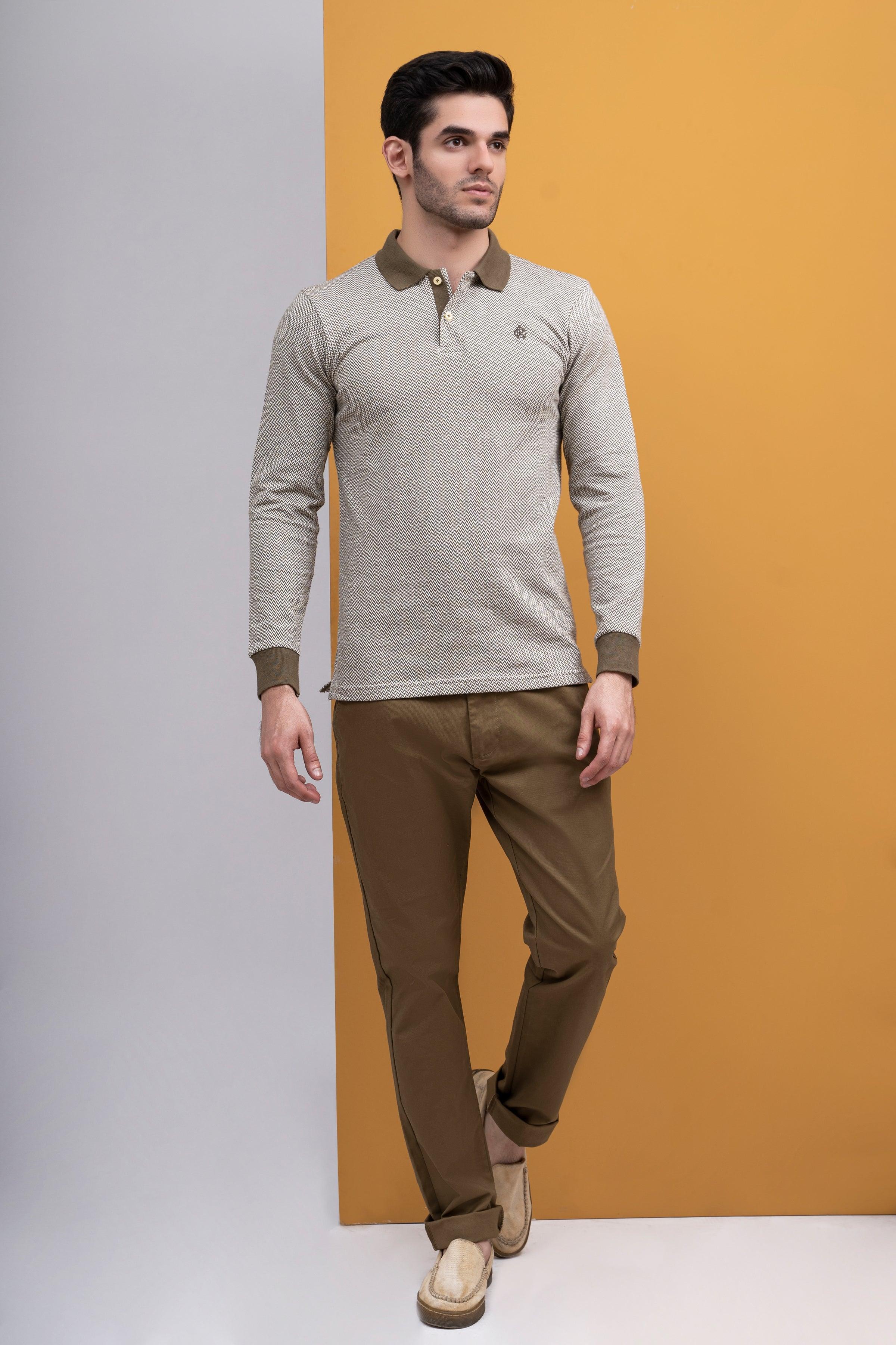 POLO SHIRT CONTRAST COLLAR RIB F/S GREEN at Charcoal Clothing