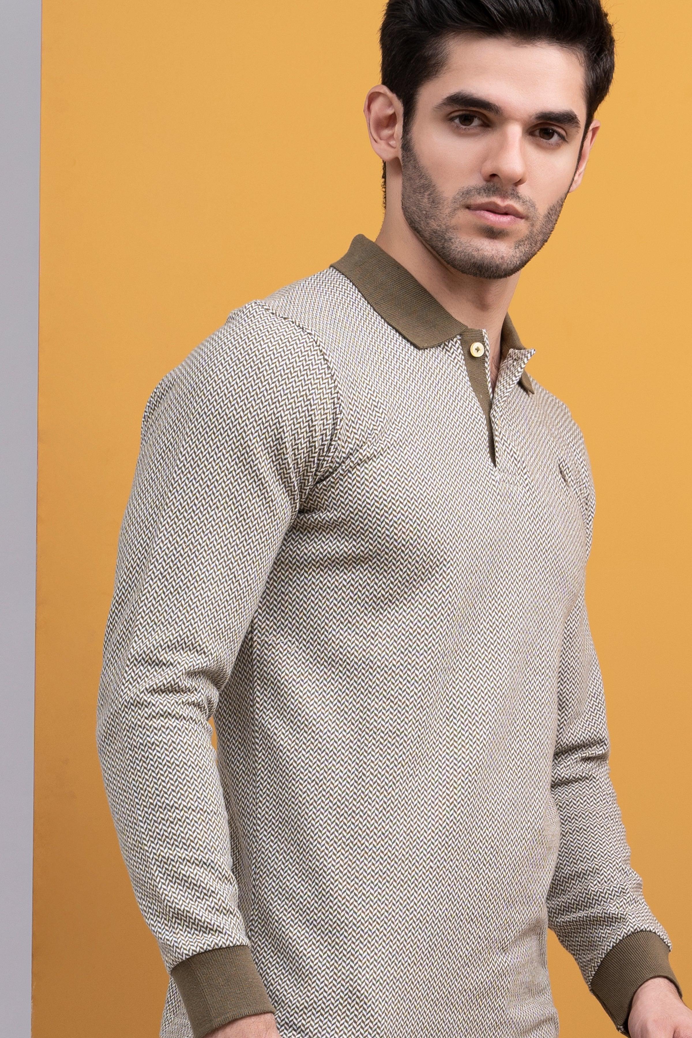 POLO SHIRT CONTRAST COLLAR RIB F/S GREEN at Charcoal Clothing