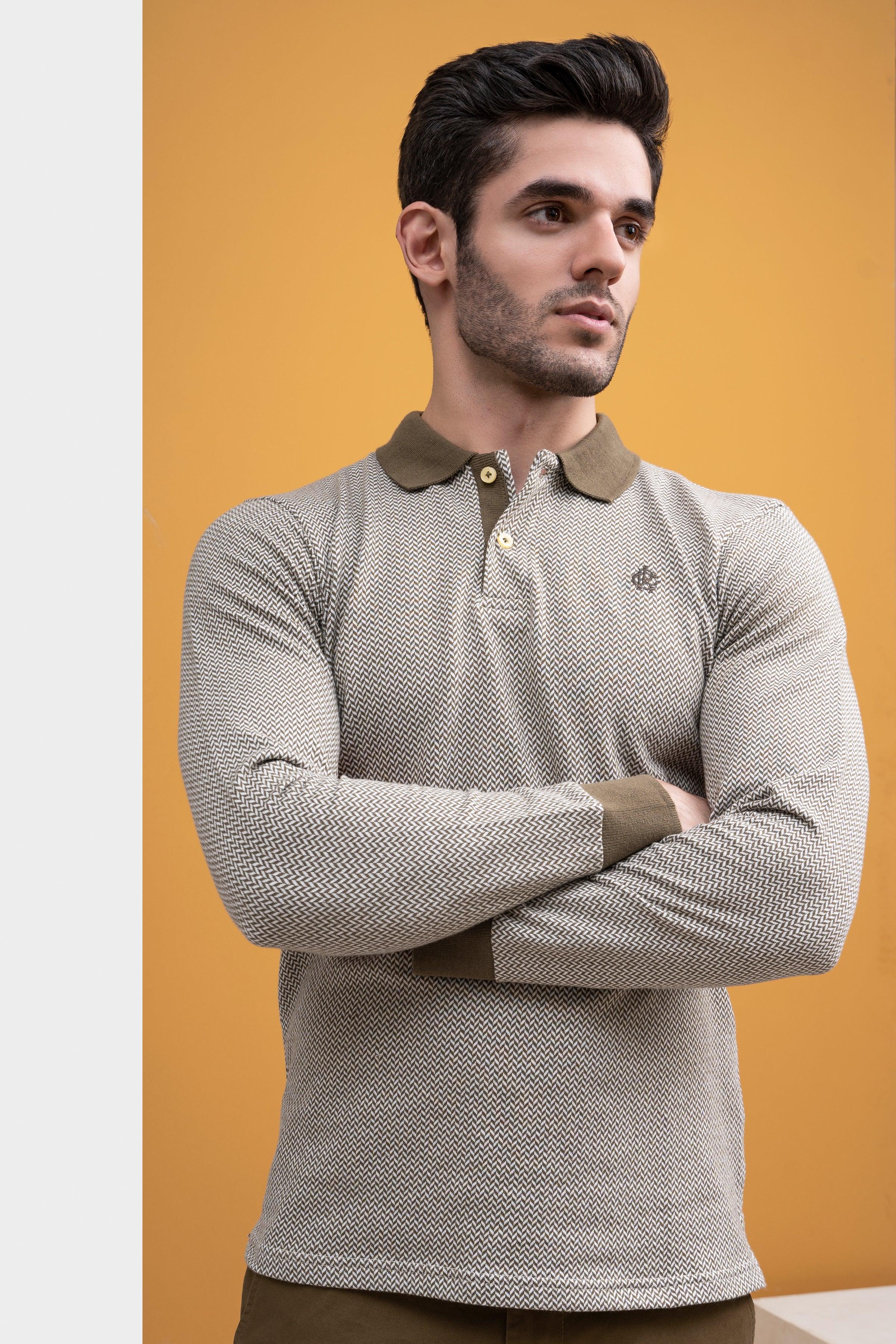 POLO SHIRT CONTRAST COLLAR RIB F/S GREEN at Charcoal Clothing