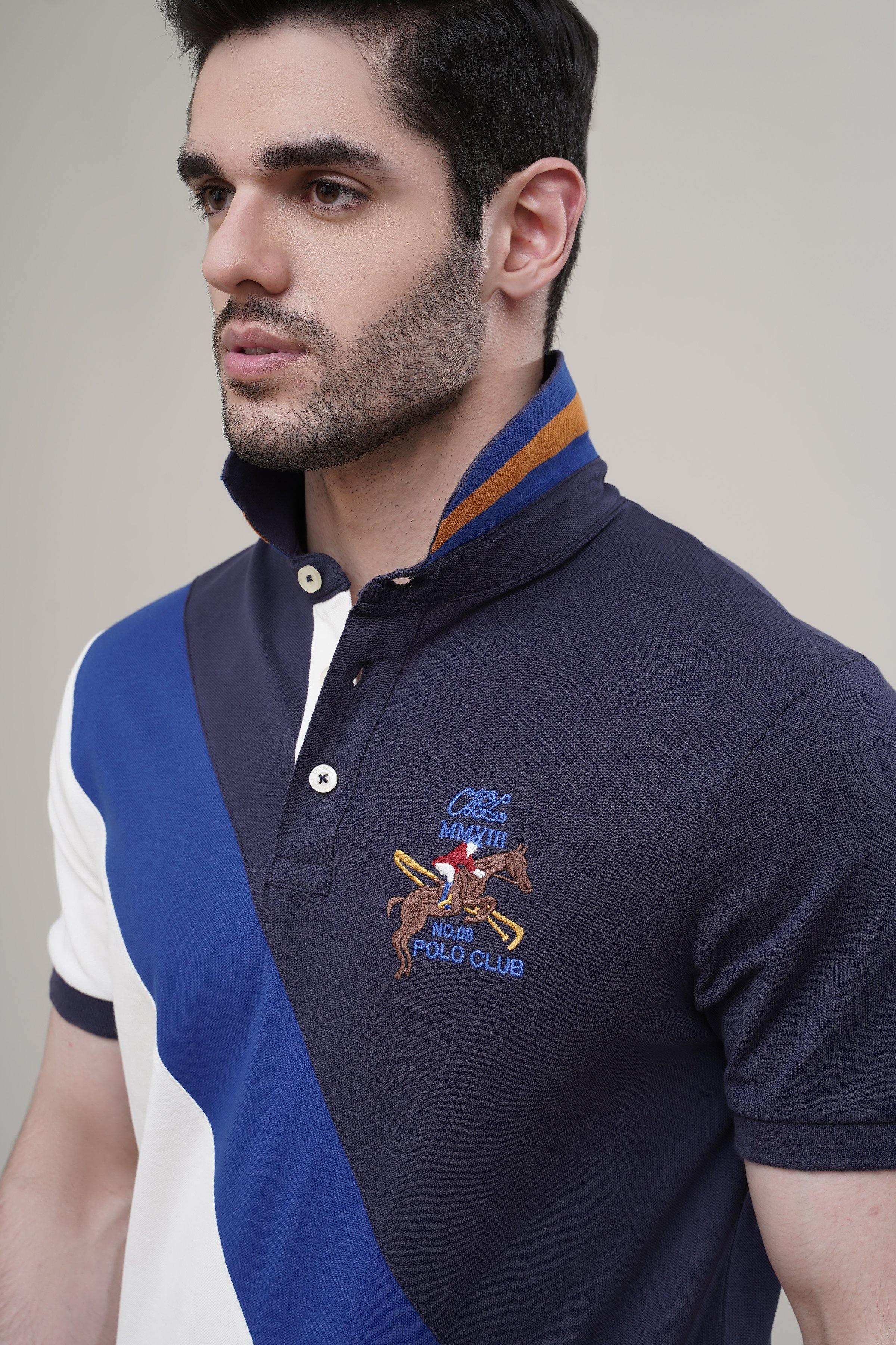 Navy polo shirt with diagonal blue-and-white panel, button placket, embroidered polo logo