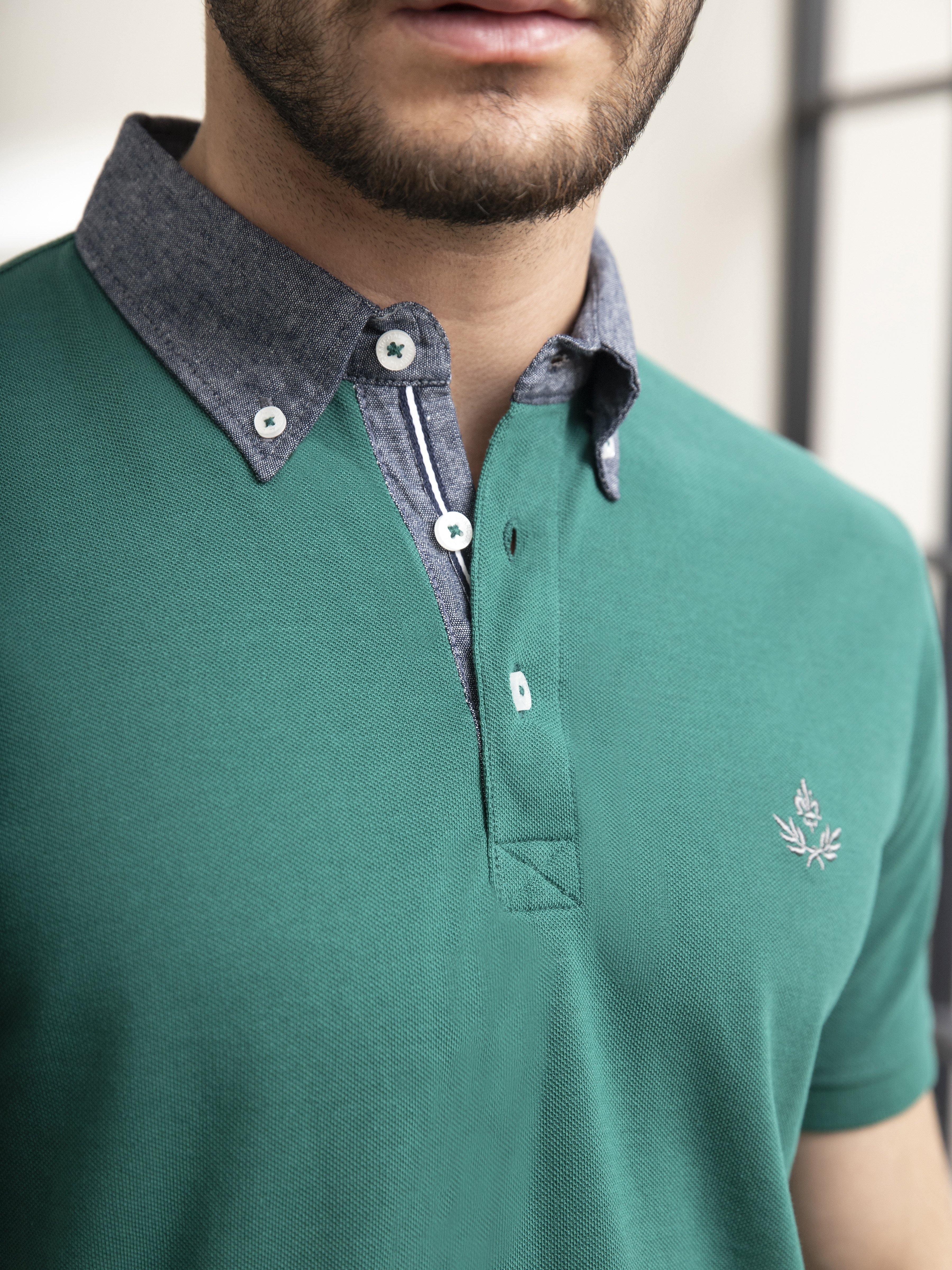 POLO SHIRT DENIM COLLAR GREEN at Charcoal Clothing