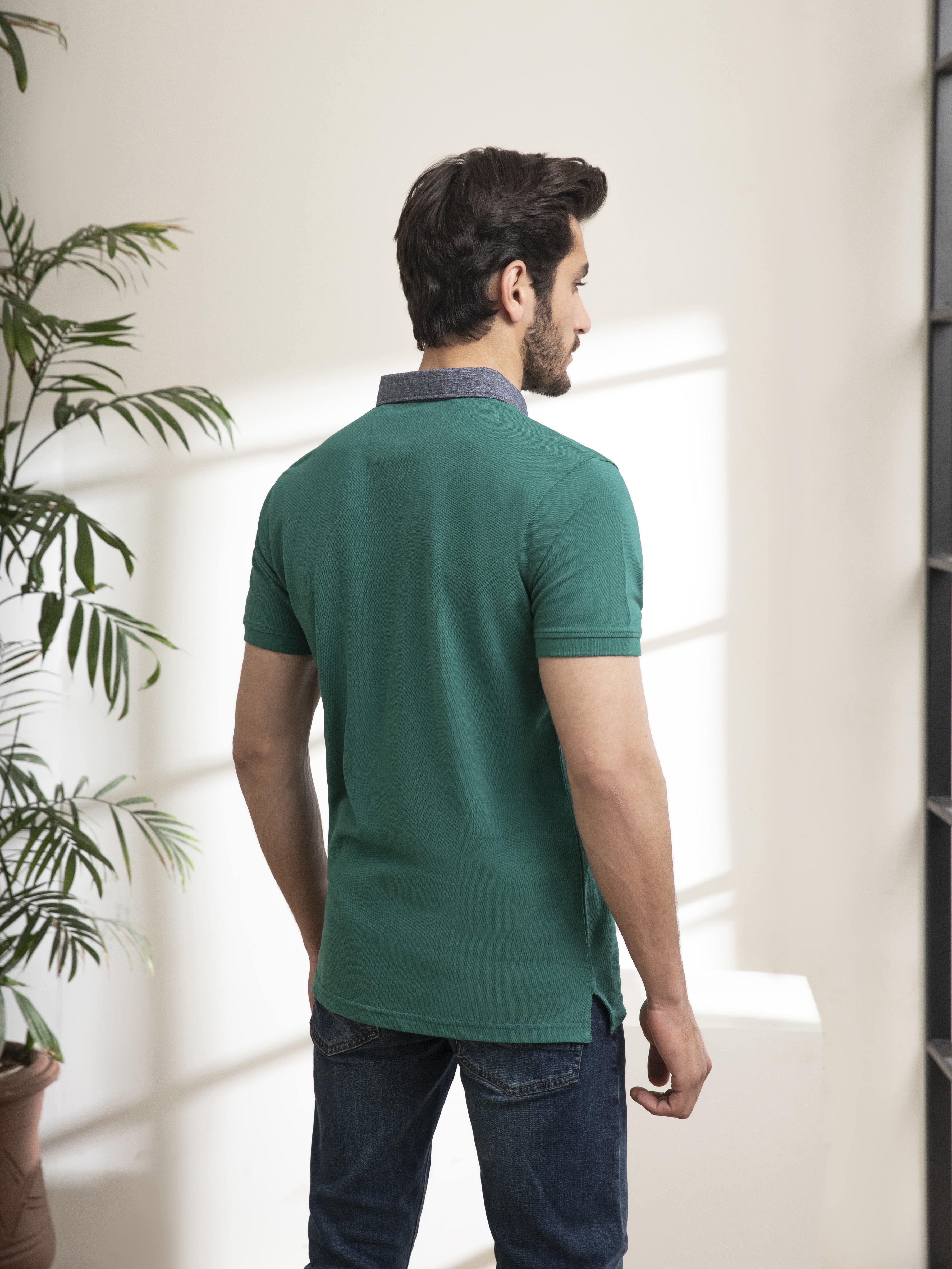 POLO SHIRT DENIM COLLAR GREEN at Charcoal Clothing