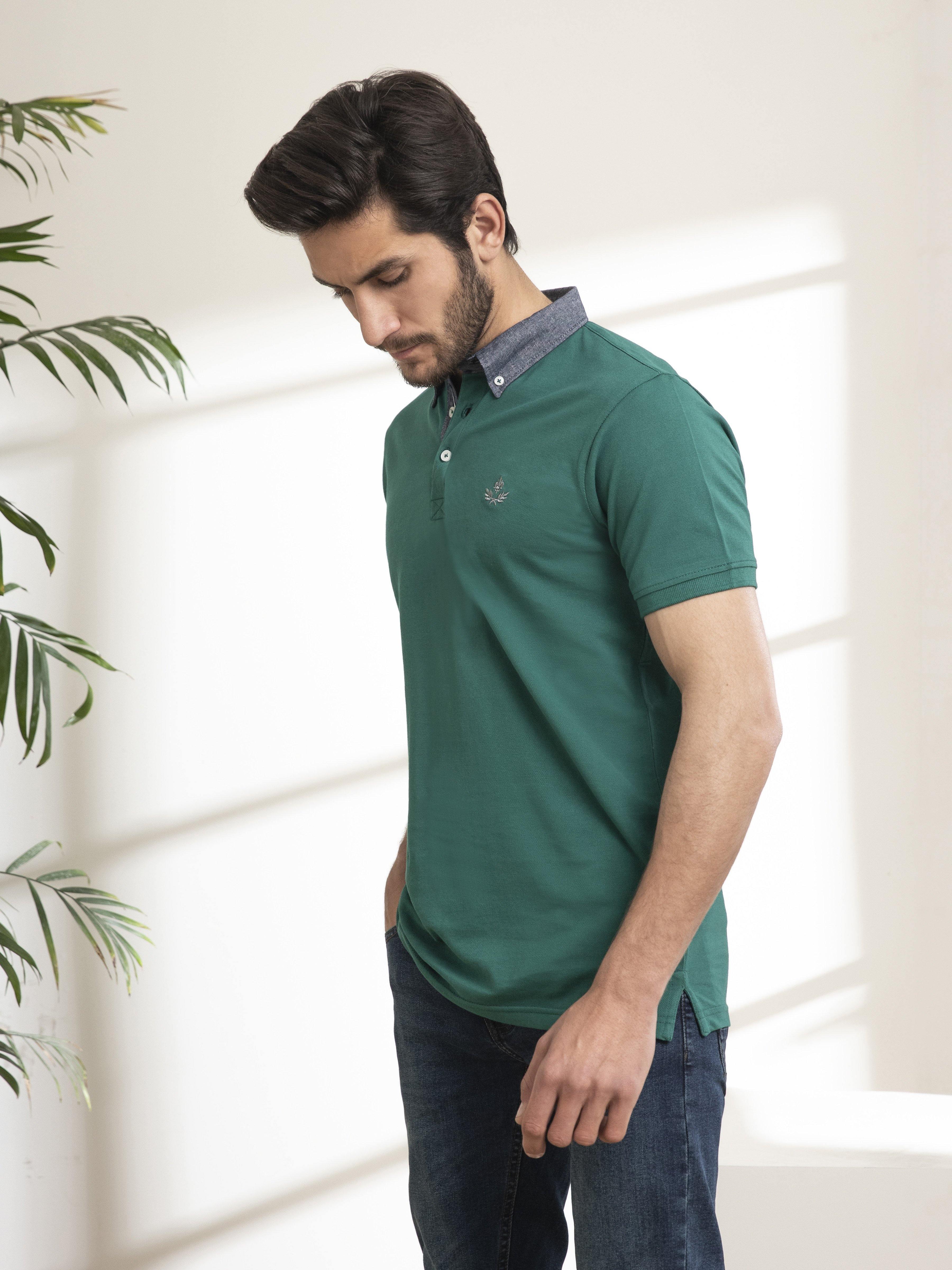 POLO SHIRT DENIM COLLAR GREEN at Charcoal Clothing