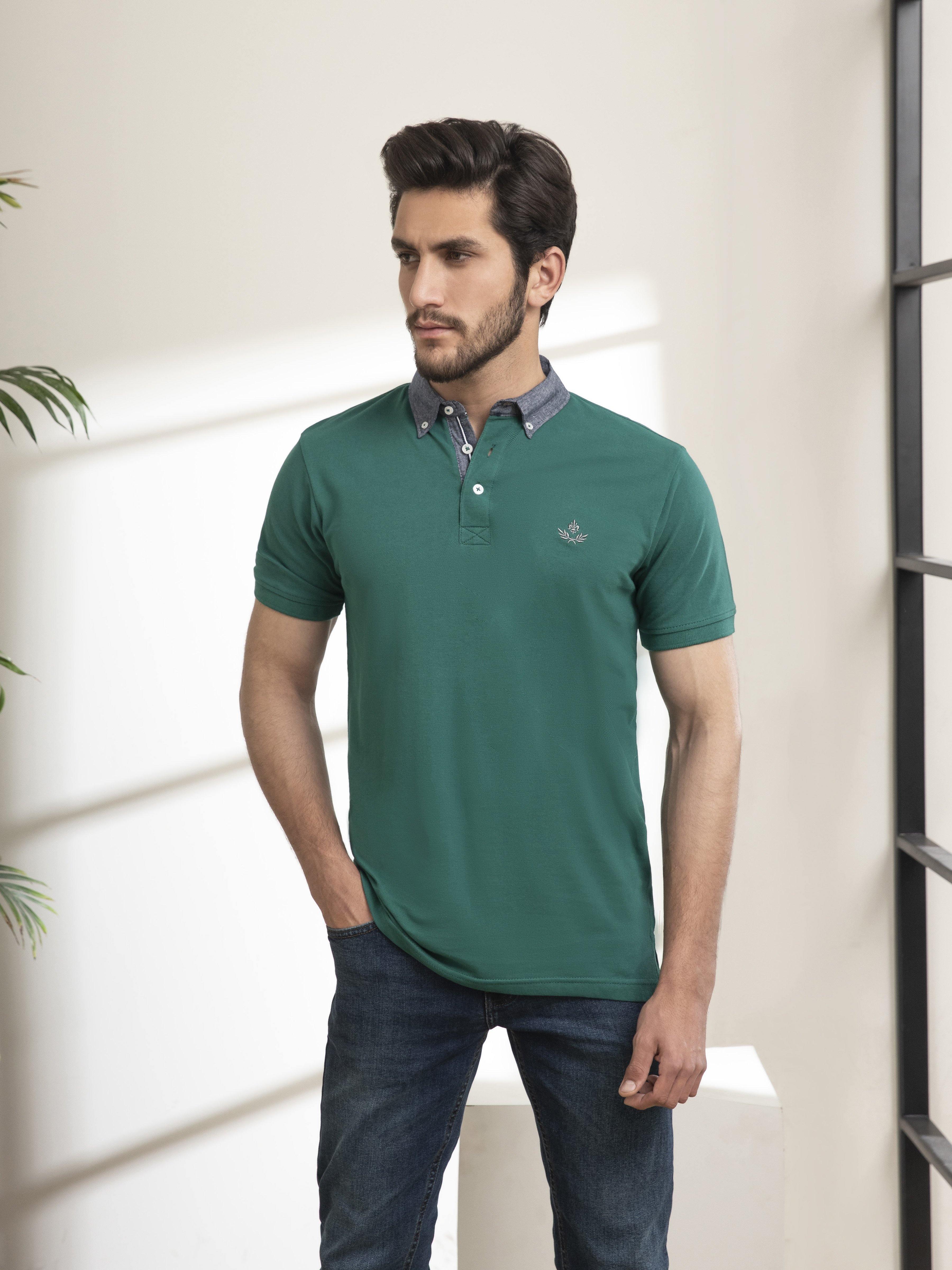 POLO SHIRT DENIM COLLAR GREEN at Charcoal Clothing
