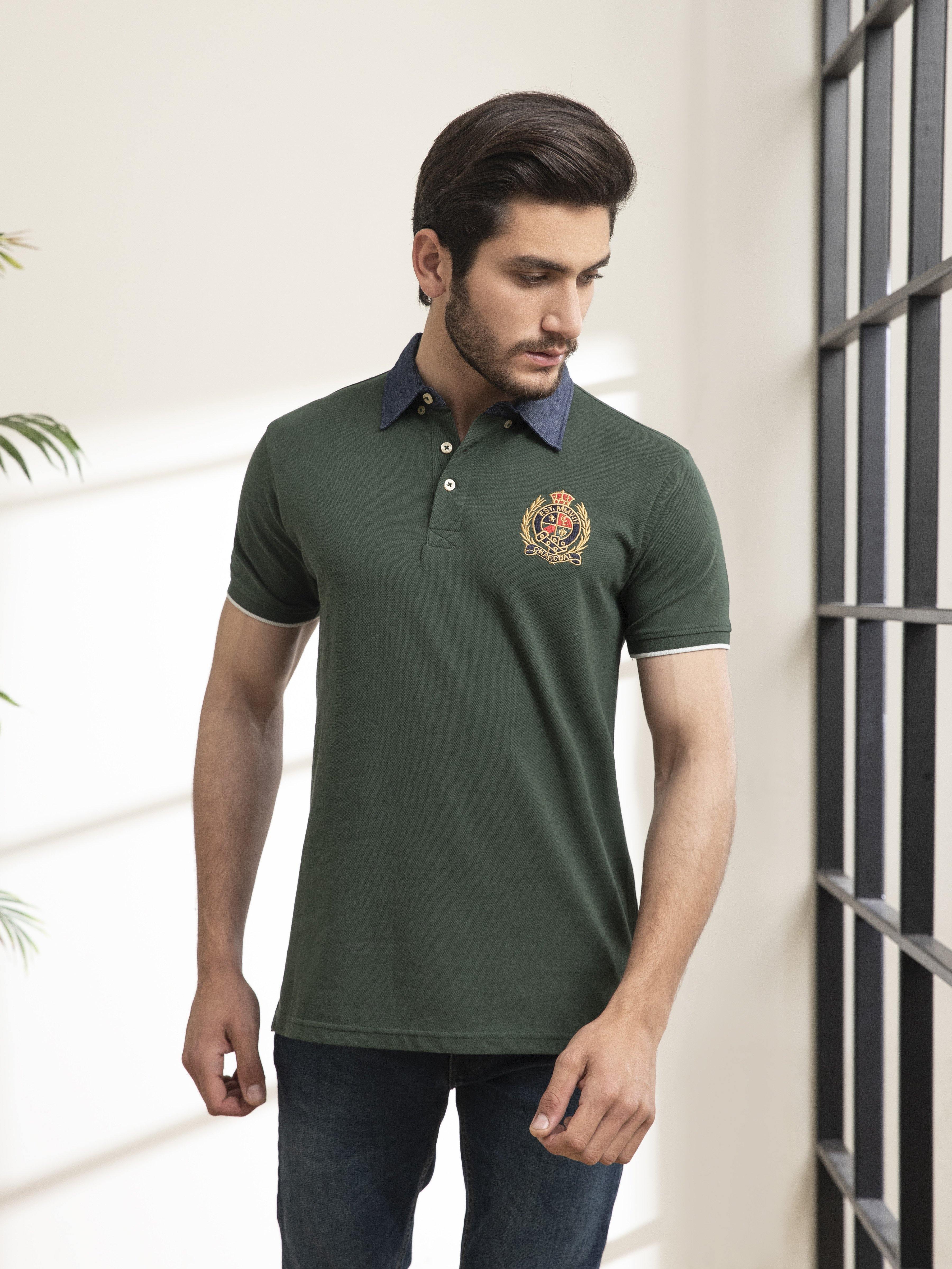 POLO SHIRT DENIM COLLAR HIDDEN GREEN at Charcoal Clothing