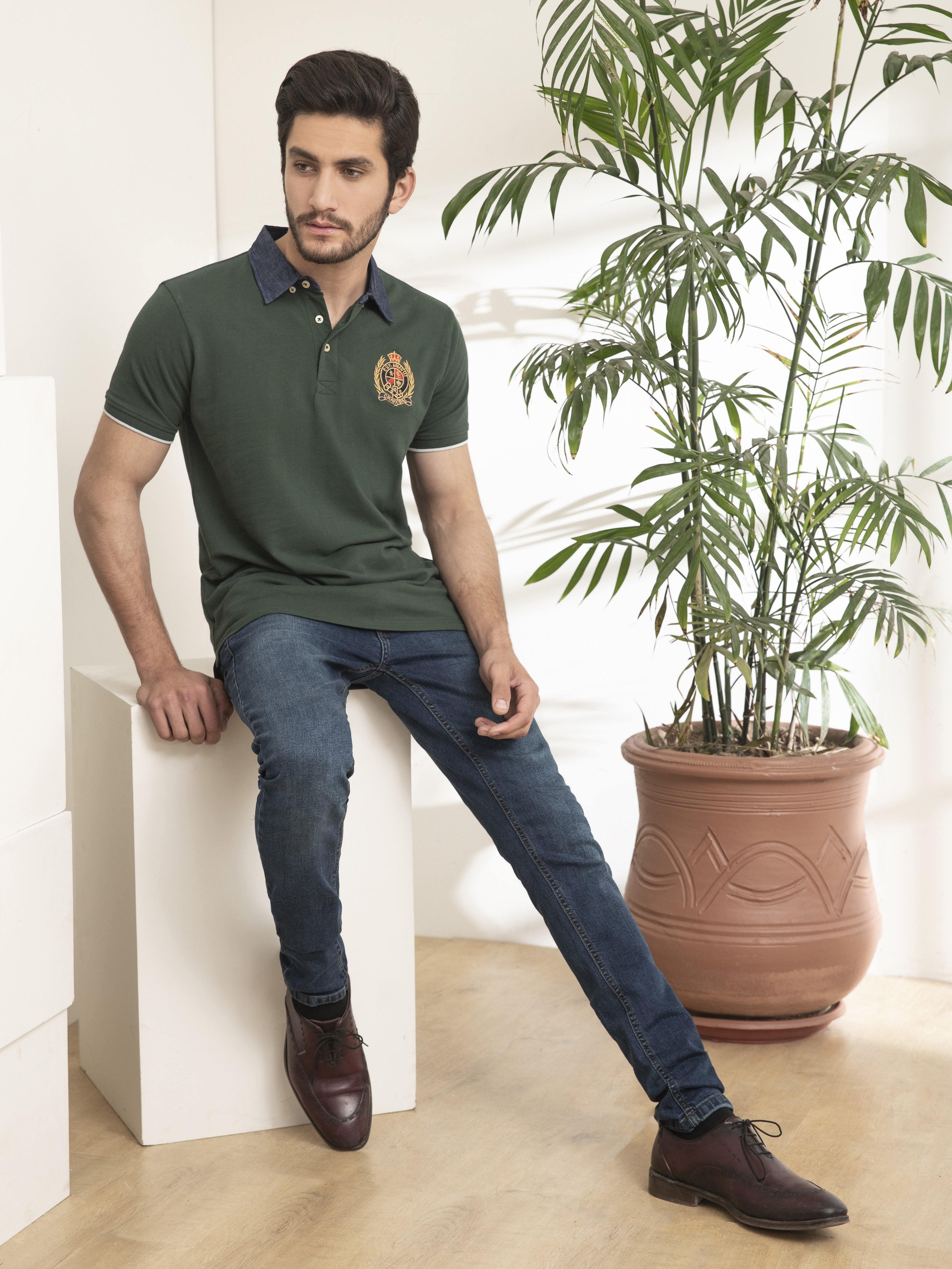 POLO SHIRT DENIM COLLAR HIDDEN GREEN at Charcoal Clothing