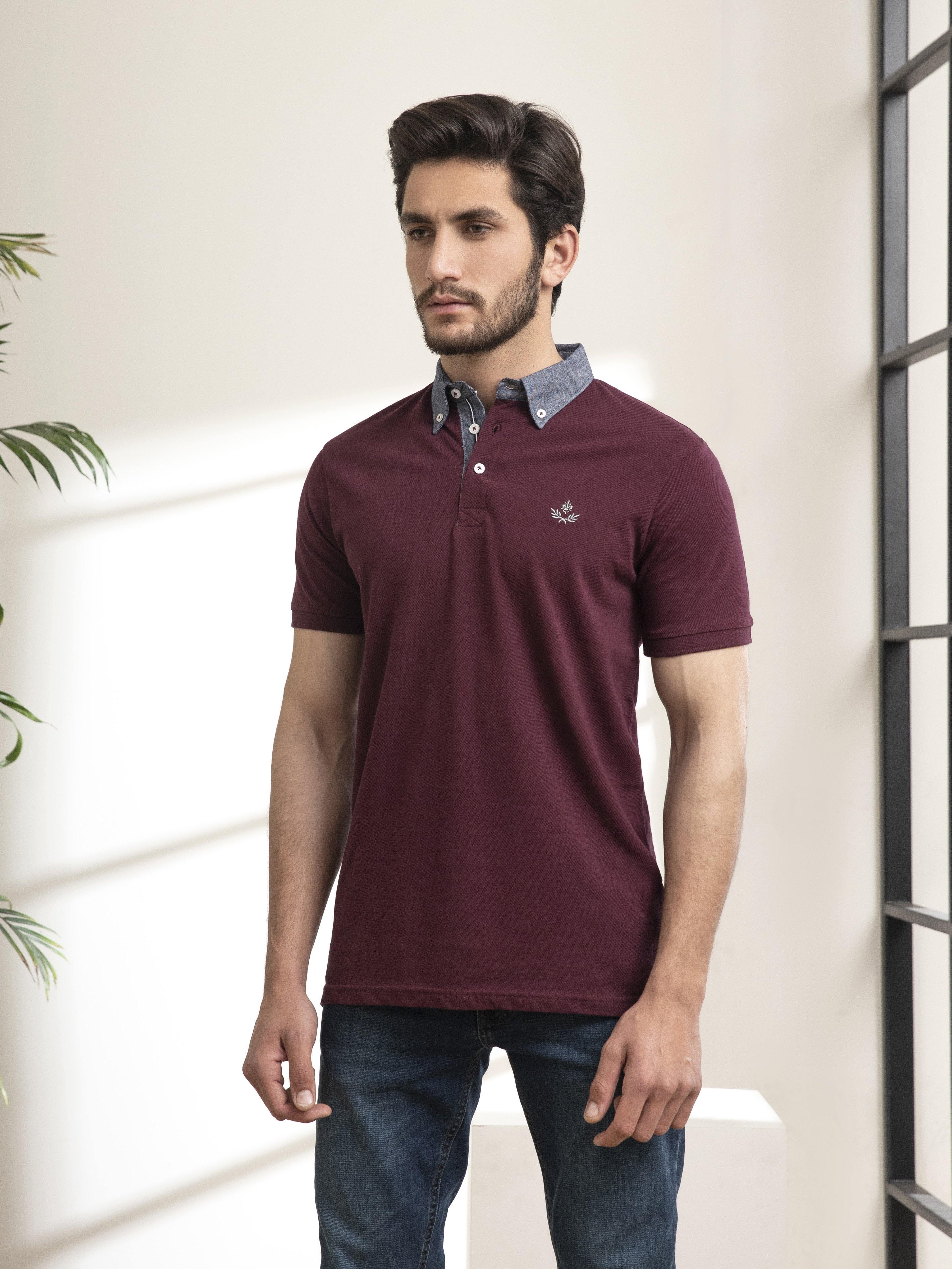 POLO SHIRT DENIM COLLAR MAROON at Charcoal Clothing