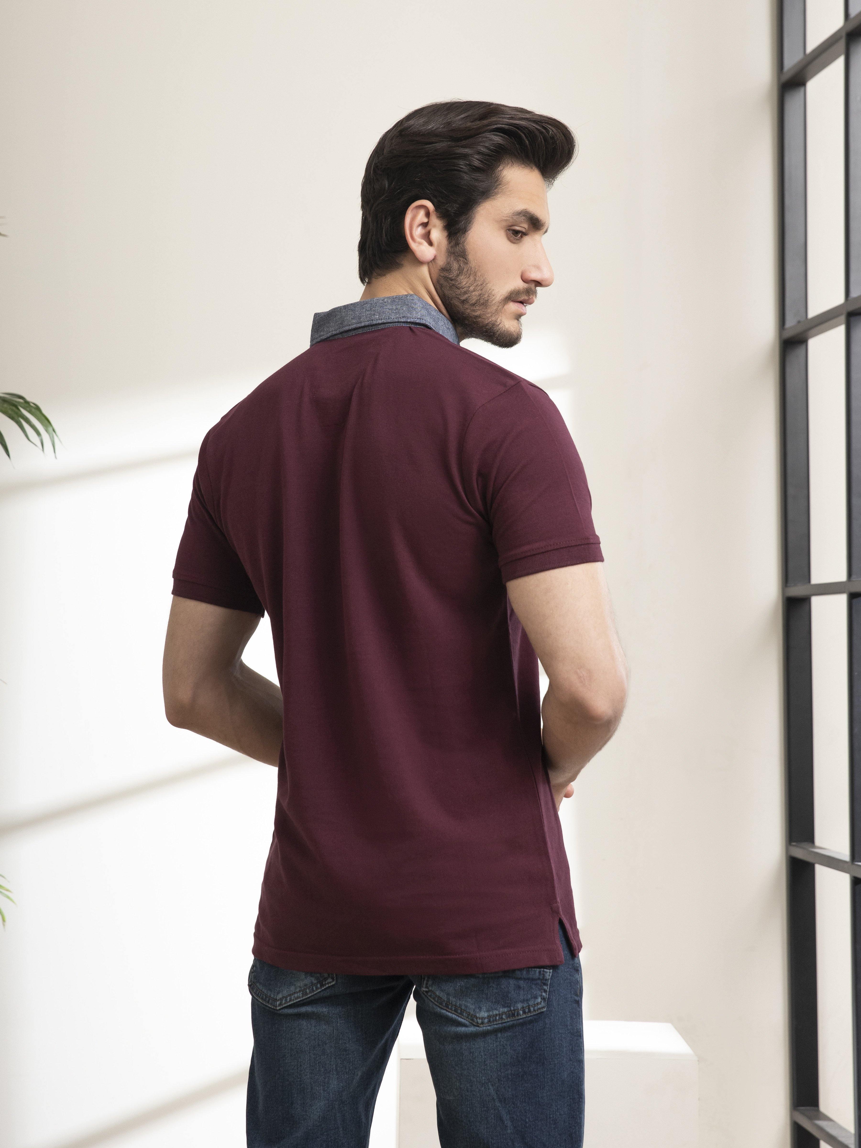 POLO SHIRT DENIM COLLAR MAROON at Charcoal Clothing