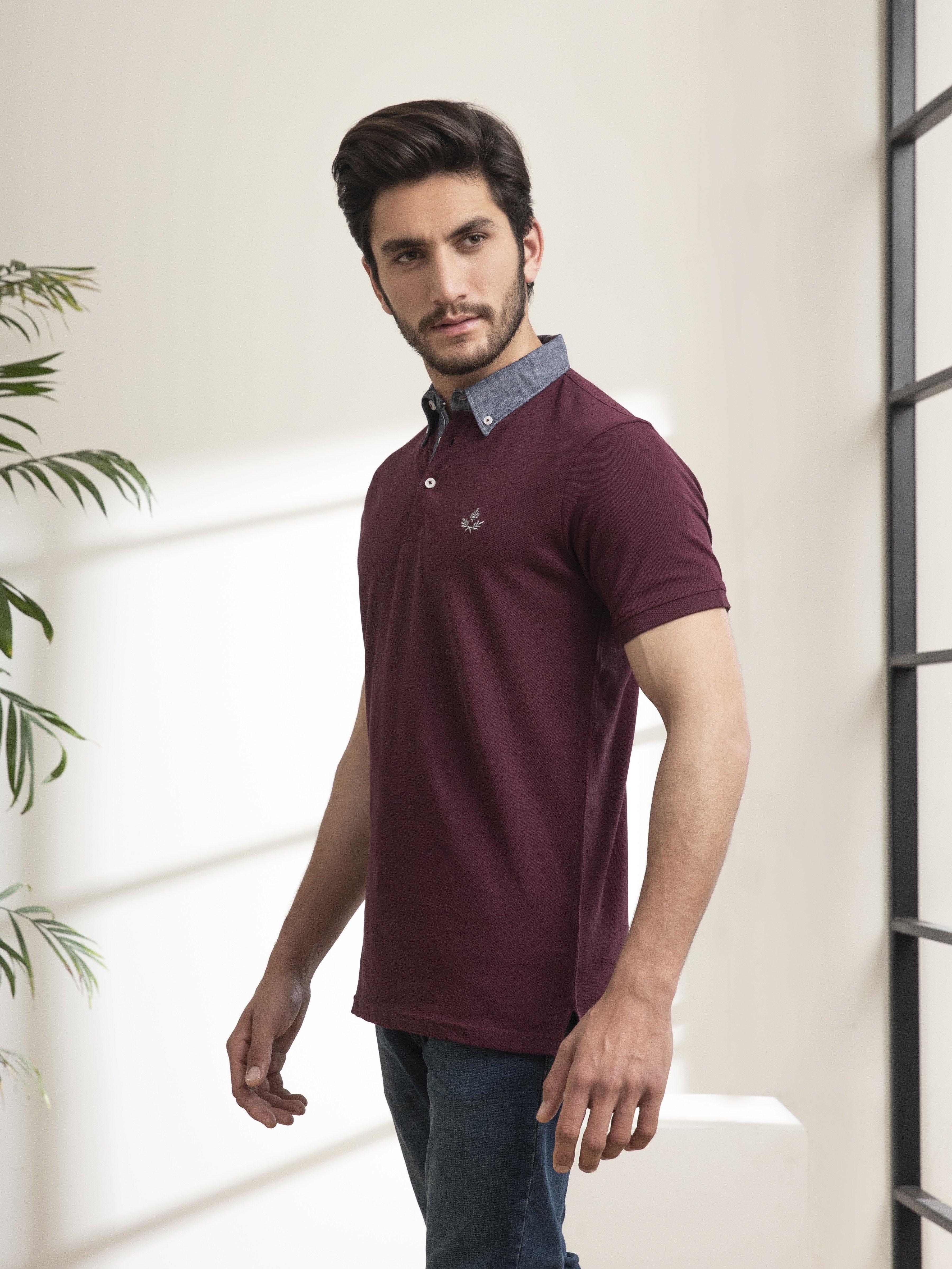 POLO SHIRT DENIM COLLAR MAROON at Charcoal Clothing
