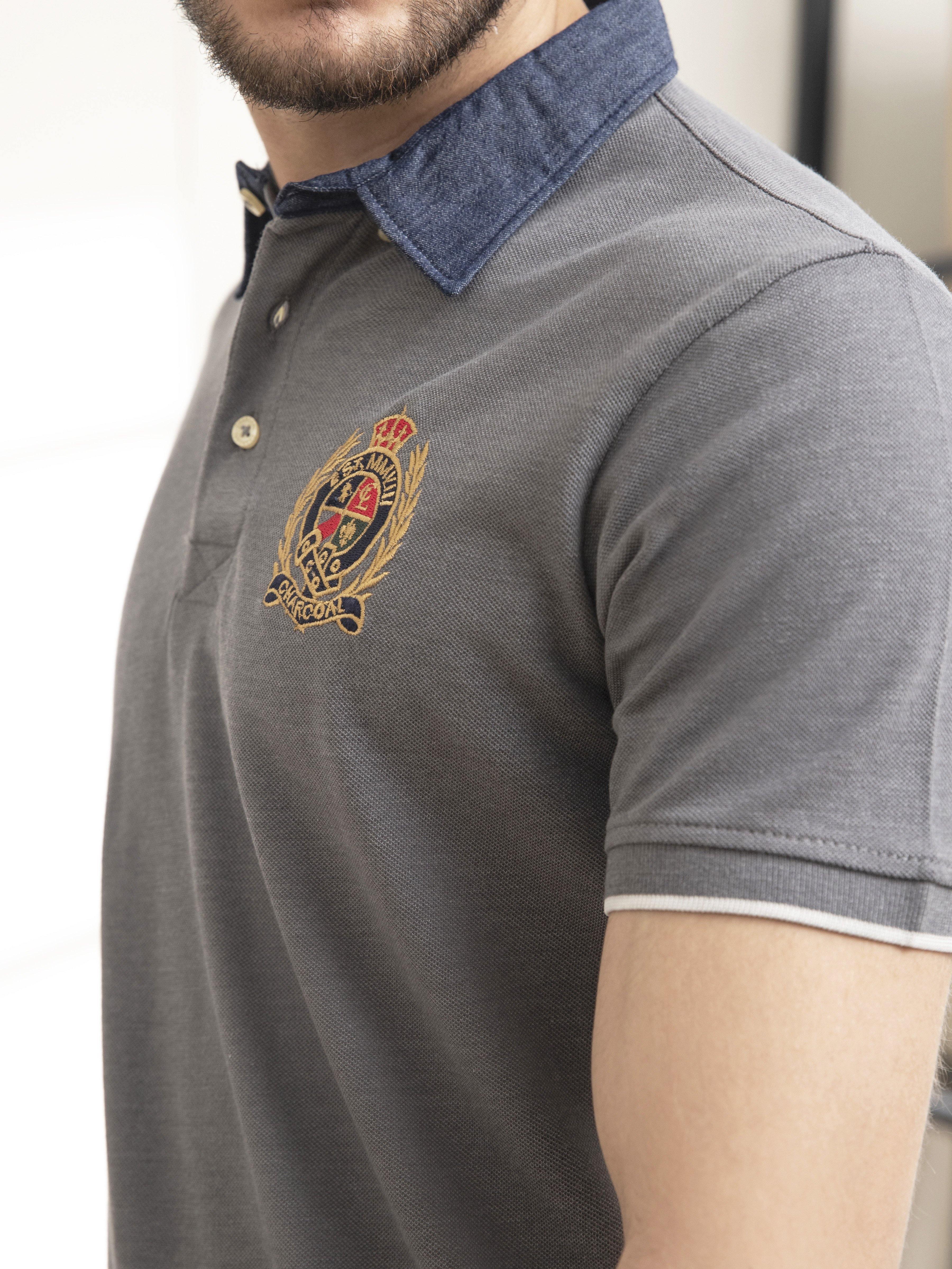 POLO SHIRT DENIM HIDDEN BUTTON DOWN GREY at Charcoal Clothing