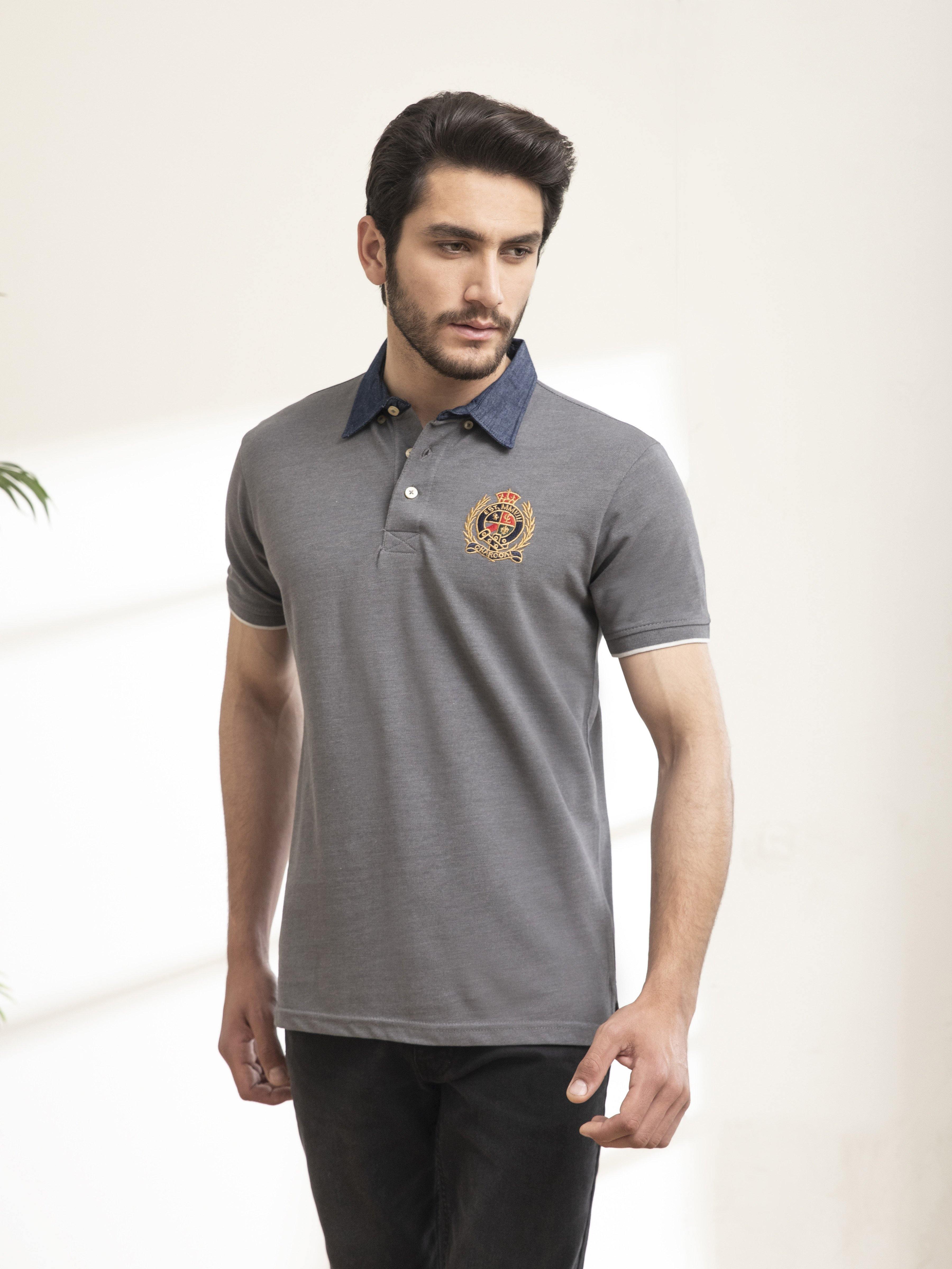 POLO SHIRT DENIM HIDDEN BUTTON DOWN GREY at Charcoal Clothing