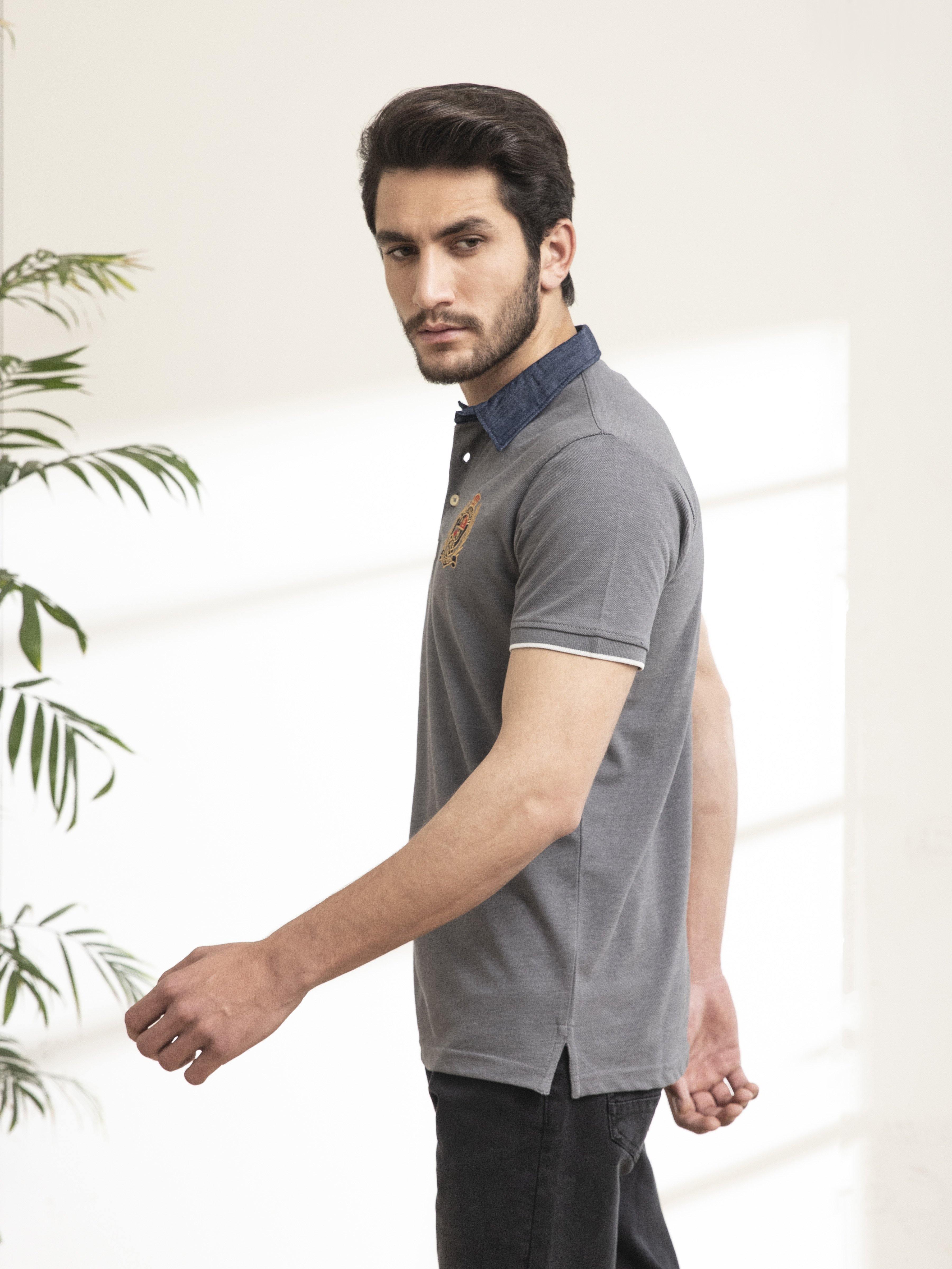 POLO SHIRT DENIM HIDDEN BUTTON DOWN GREY at Charcoal Clothing