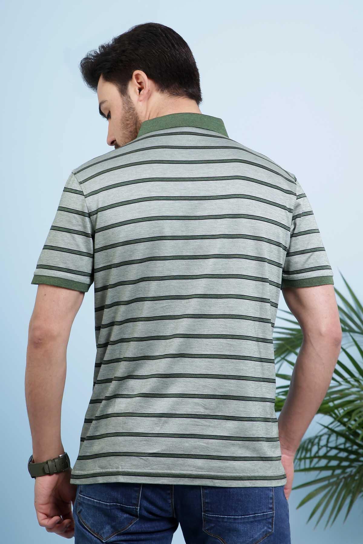 Back view of olive green striped polo shirt with collar and short sleeves