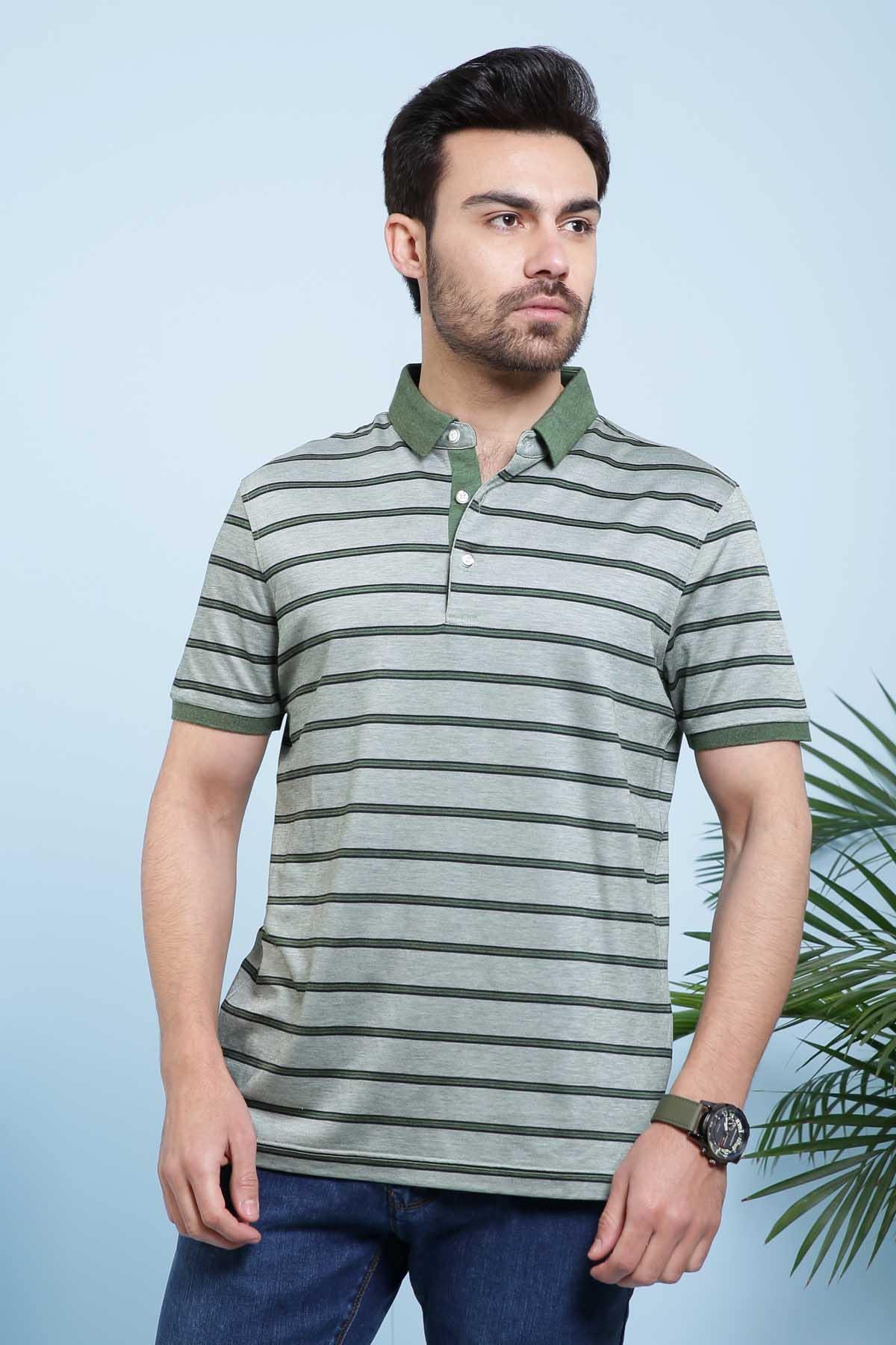 Olive green striped polo shirt with collared neckline and short sleeves
