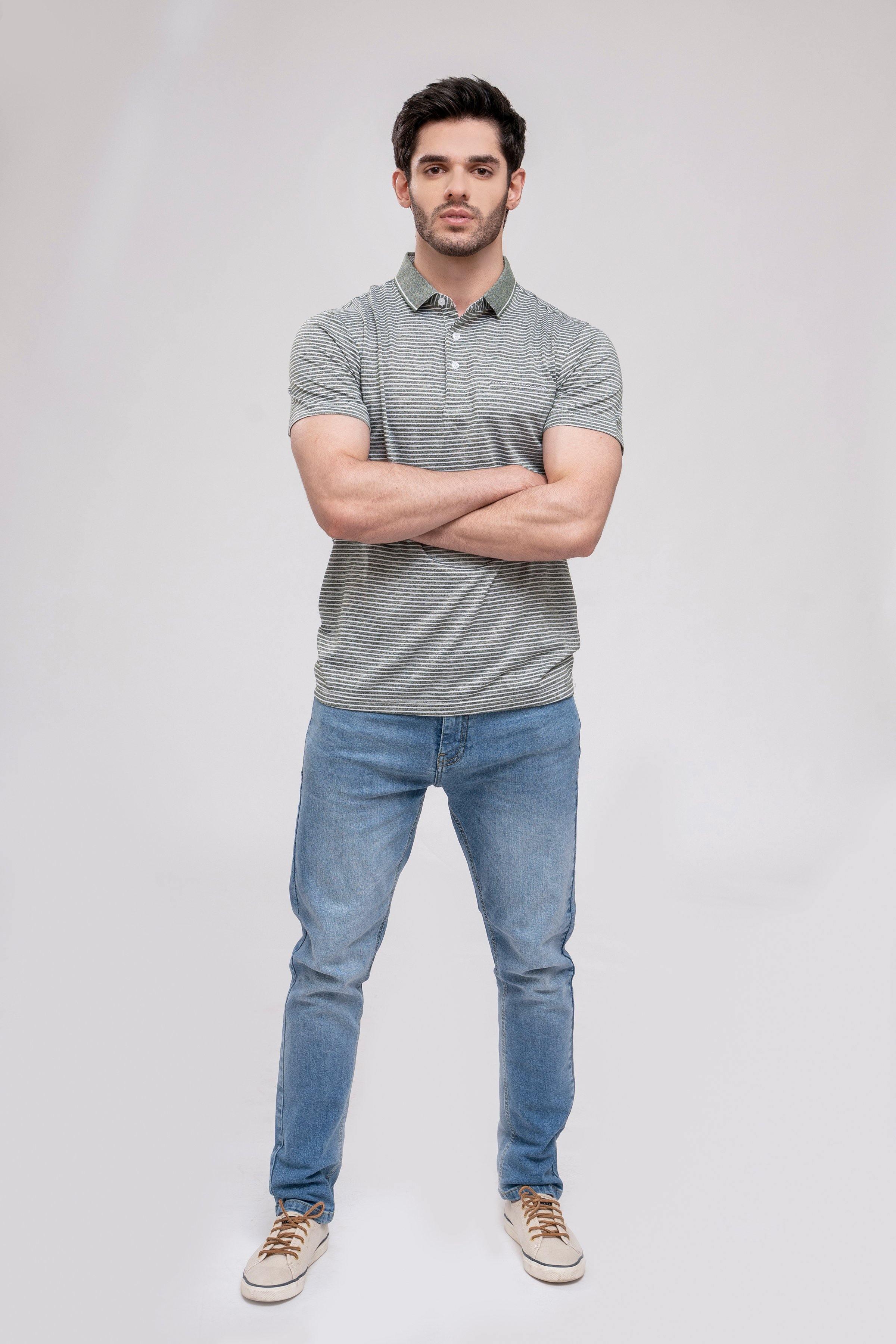 Striped short-sleeve polo shirt with collar and button placket, front view