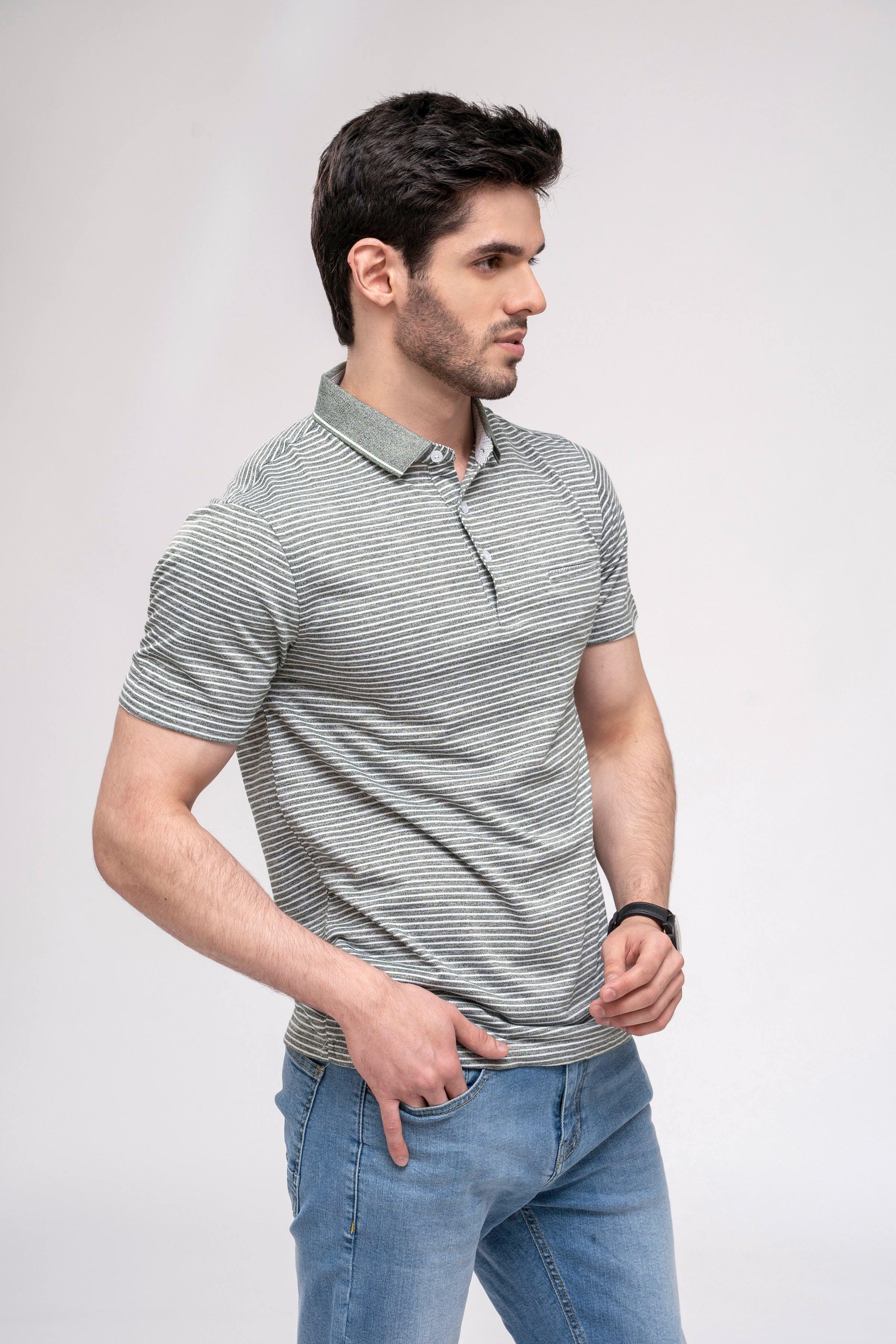 Striped polo shirt with short sleeves, button placket, and collar