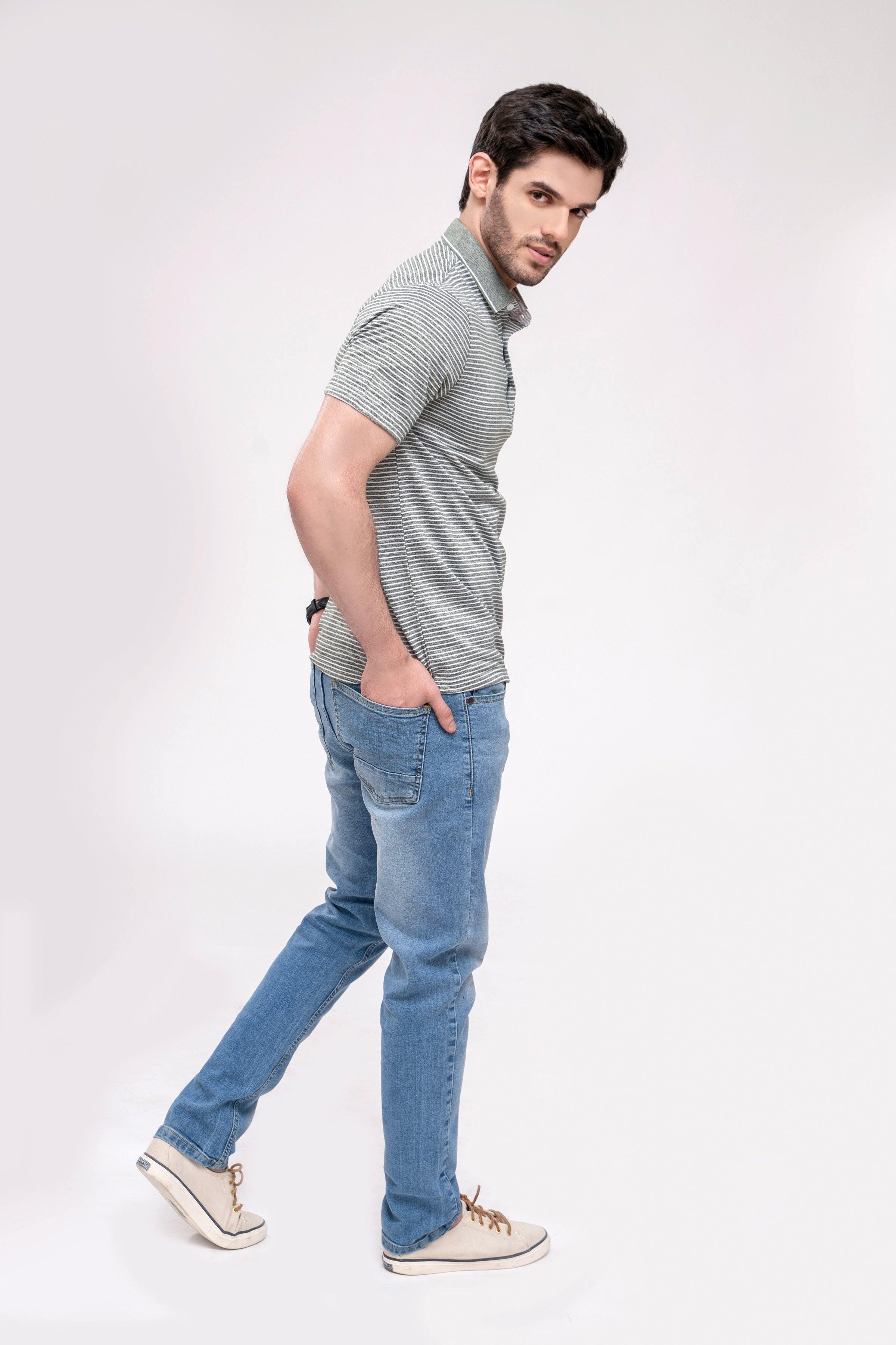 Striped polo shirt with collar and short sleeves, side profile