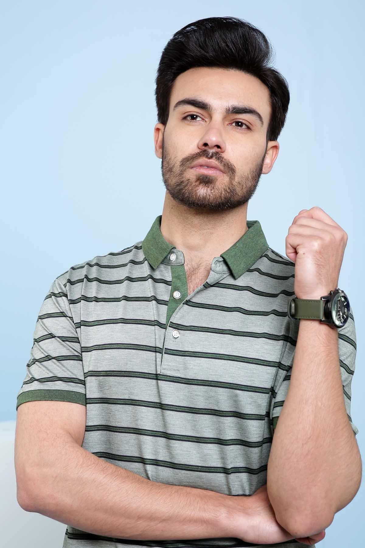 Olive green striped polo shirt close-up: collar and button placket