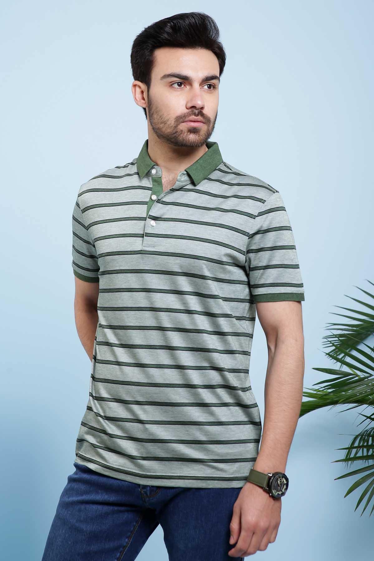 Green striped polo shirt with button placket and short sleeves