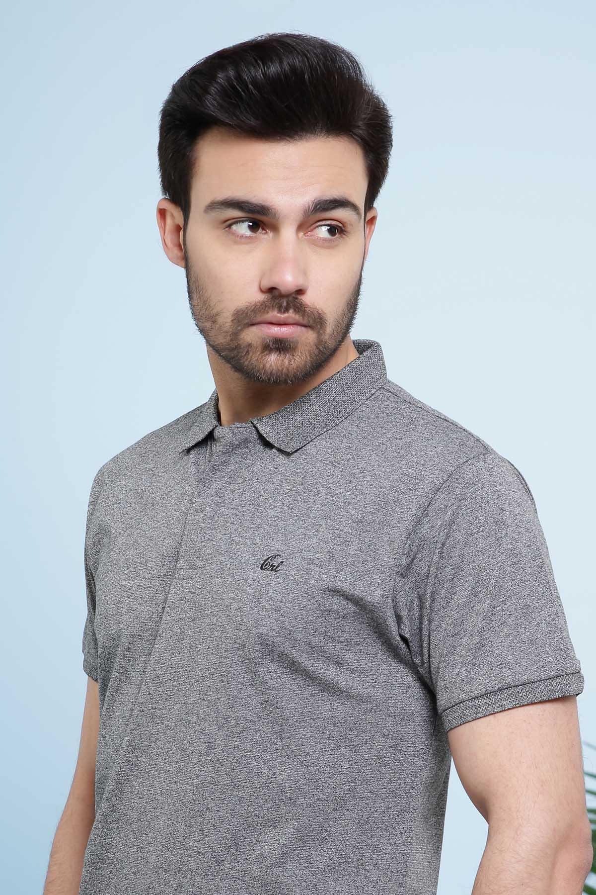 Grey polo shirt close-up with collar and short sleeves