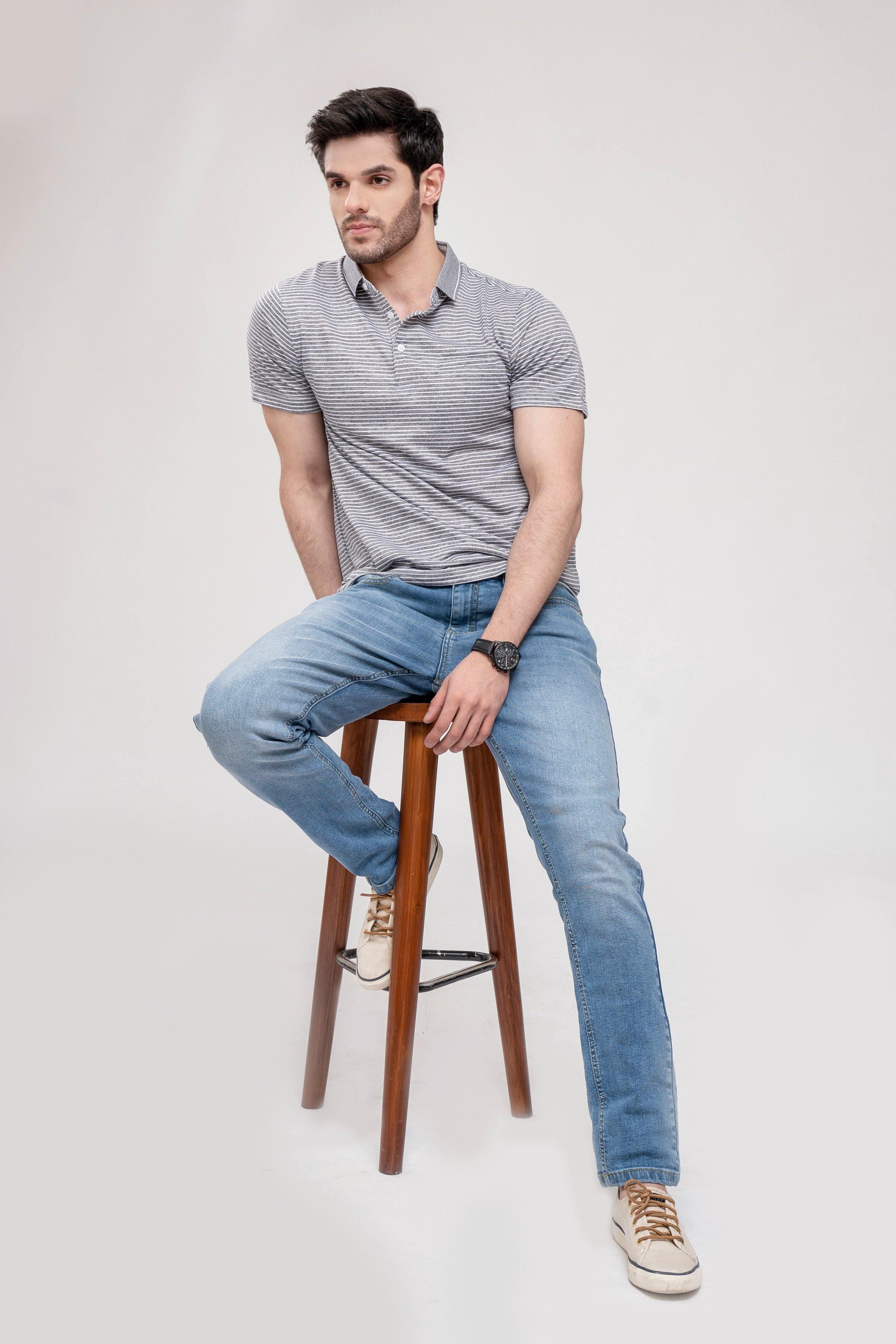 Grey striped polo shirt with button placket and short sleeves